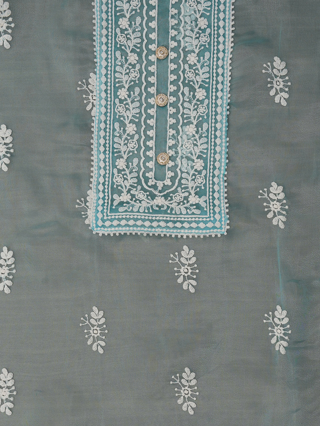 Unstitched Sea Green Embroidered Organza Dress Material With Dupatta