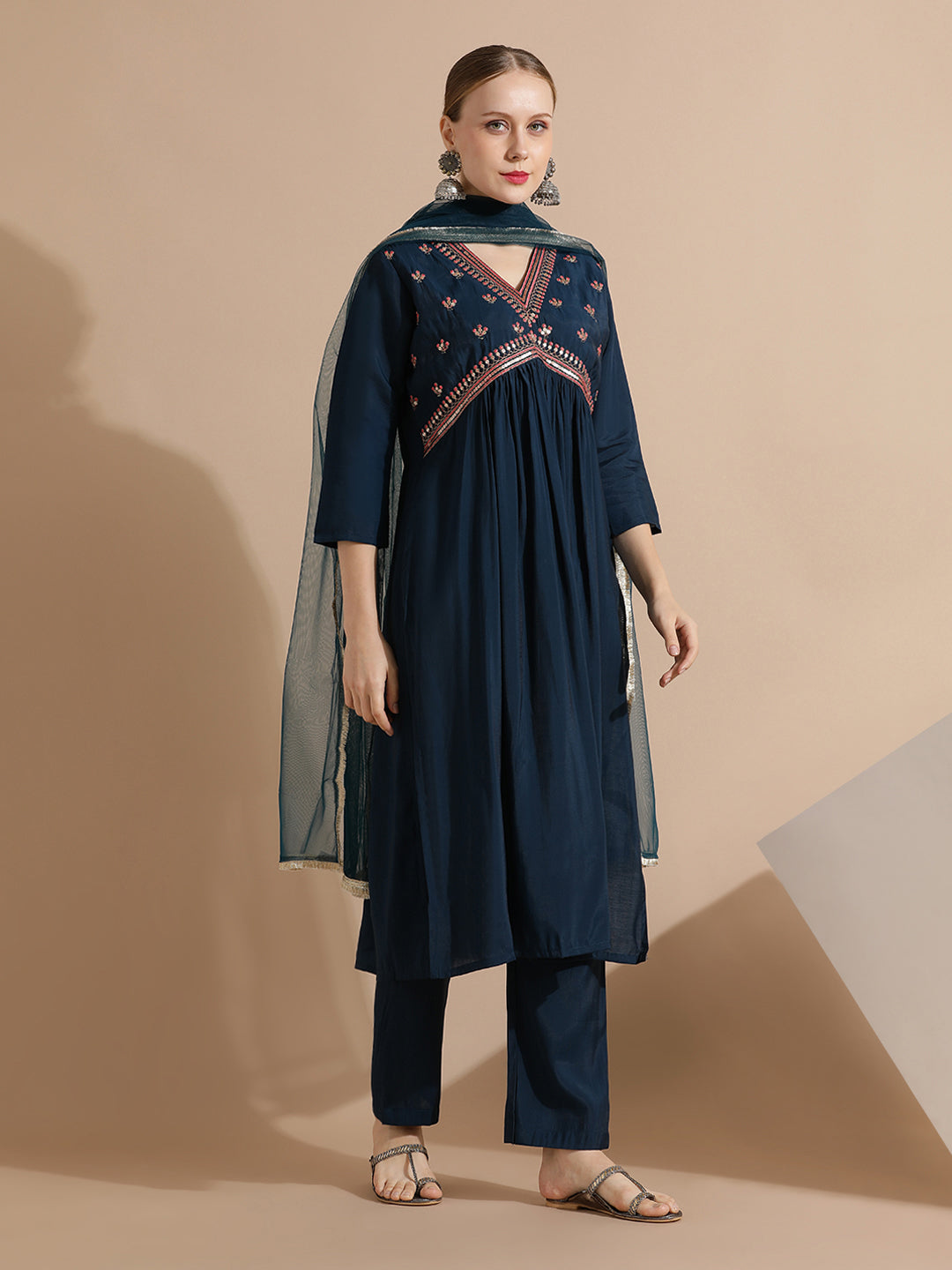 Rama Festive Embroidered A-Line Kurta Set With Dupatta