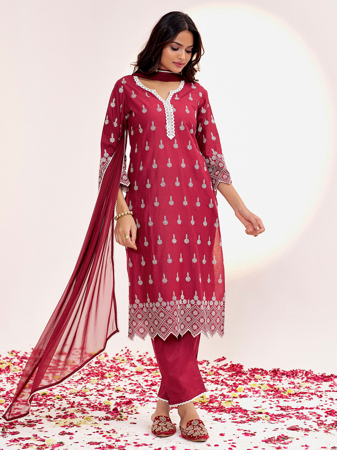 Maroon Embroidered Cotton Schiffli Kurta Set With Dupatta