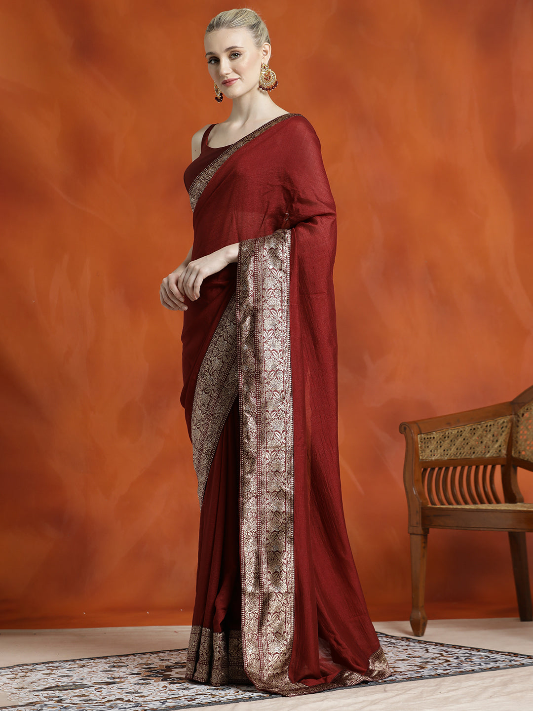 Maroon Silk Blend Zari Woven Party Wear Saree