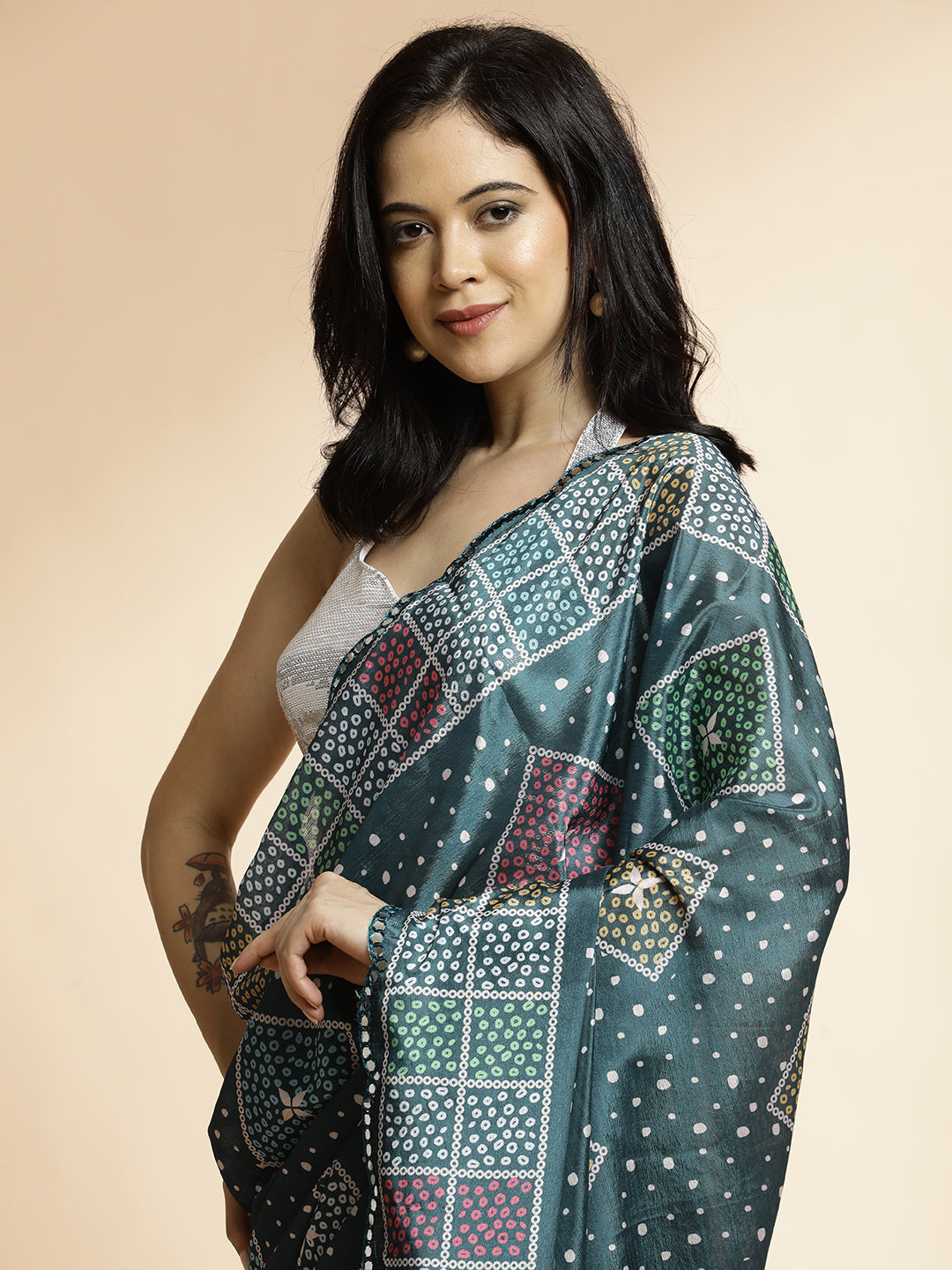 Multicolor Geometric Printed Mirror Work Satin Saree