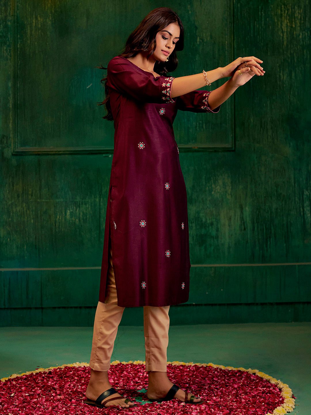 Burgundy Self Woven Embroidered Straight Kurta