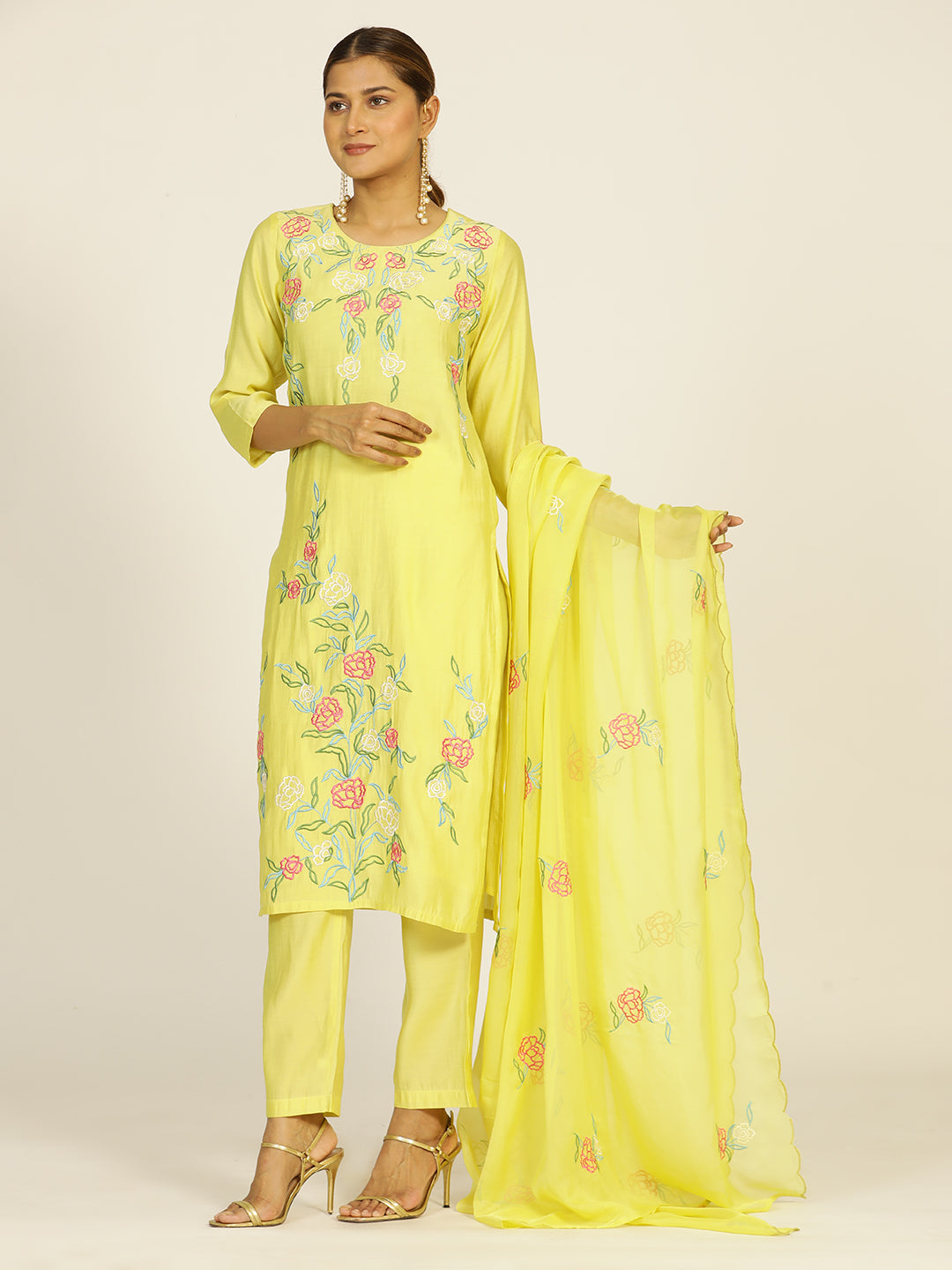 Lime Green Resham Embroidered Chanderi Festive Suit Set