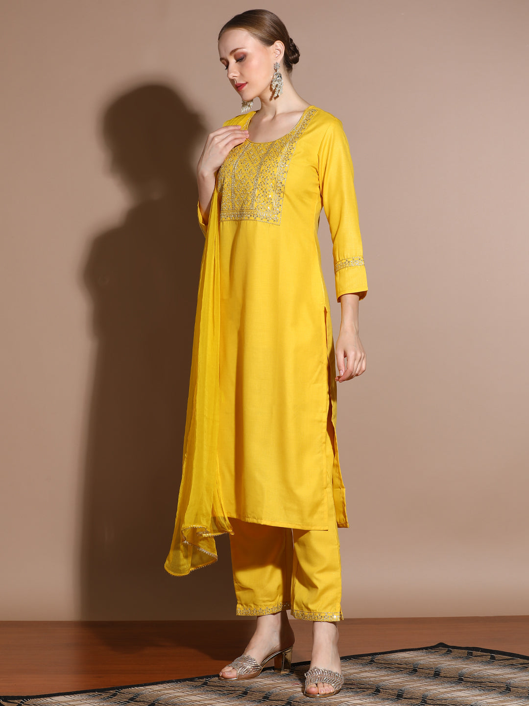 Yellow Embroidered Cotton Blend Kurta Set With Dupatta