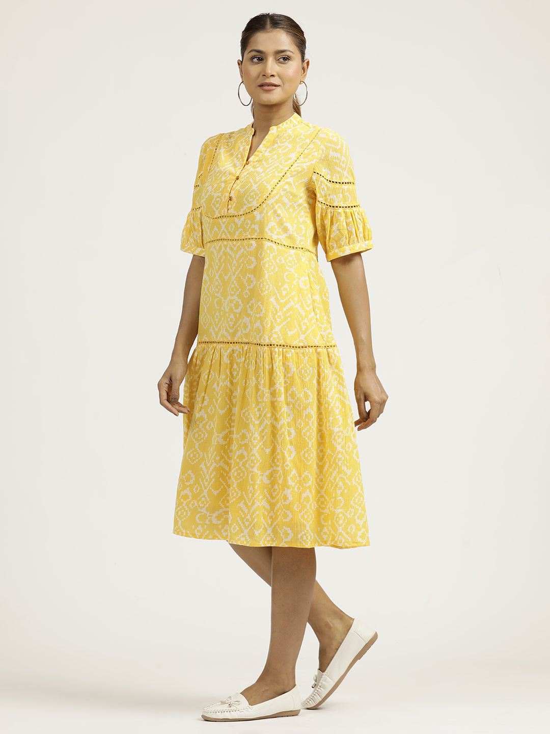 Yellow Abstract Printed Cotton Tiered Dress