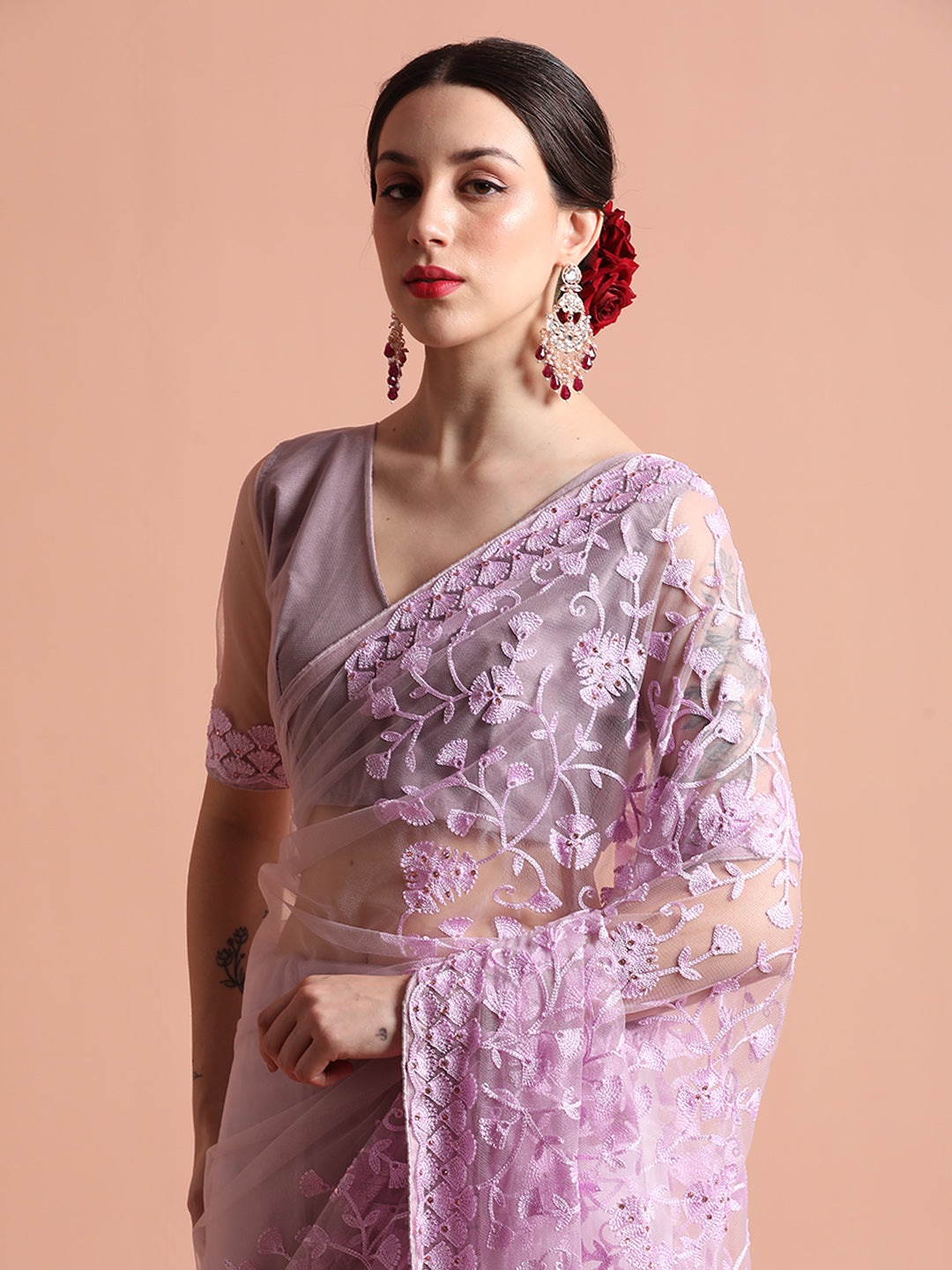 Lavender Party Wear Floral Embroidered Net Saree