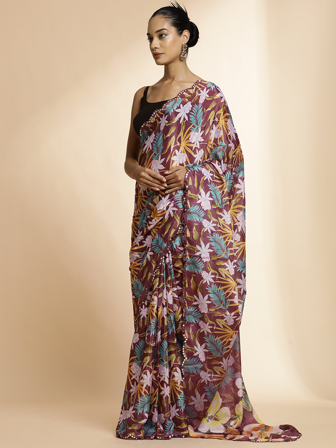 Wine Mirror Work Satin Floral Saree