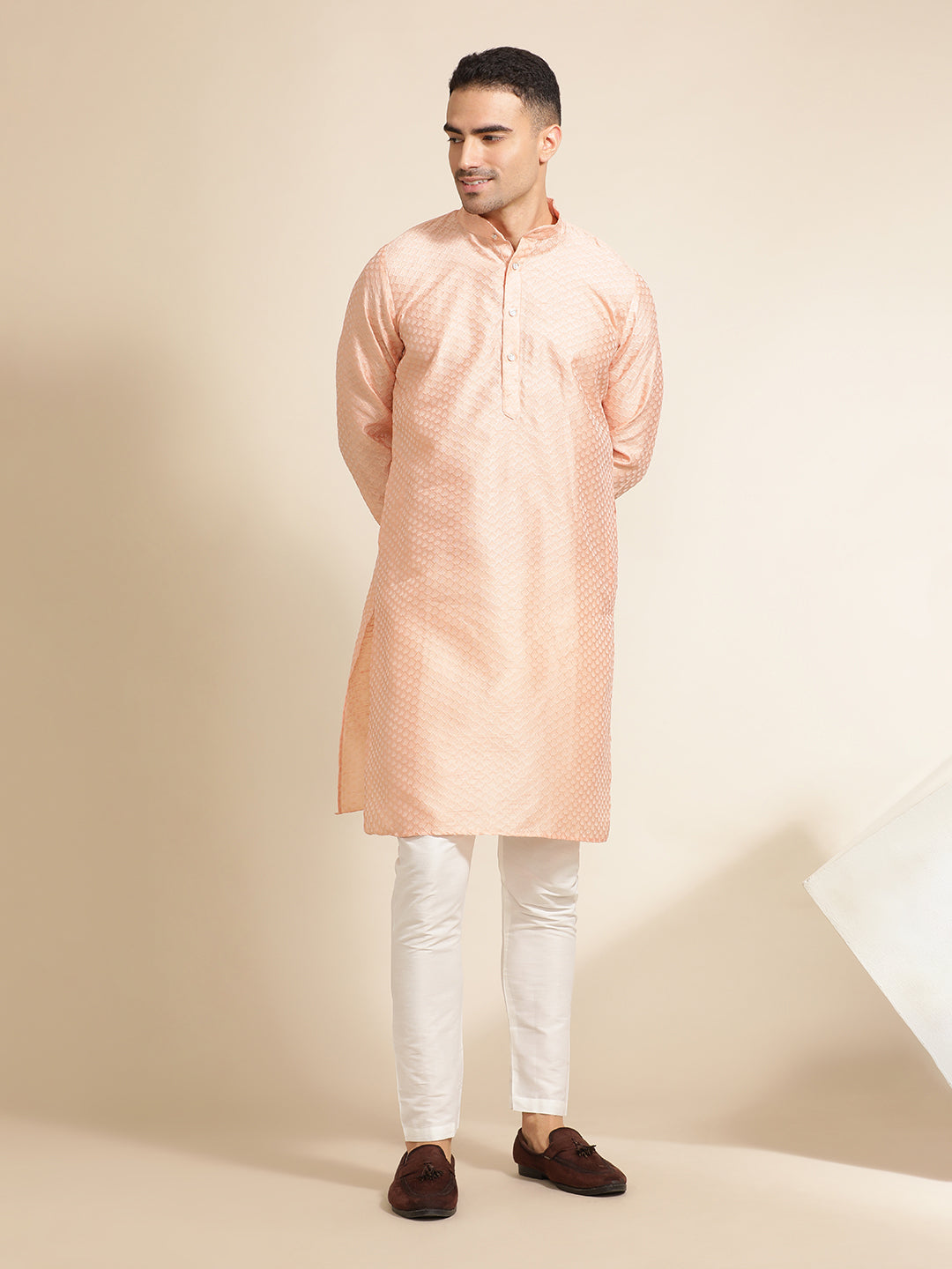 Peach Silk Blend Kurta With Woven Design Nehru Jacket Set