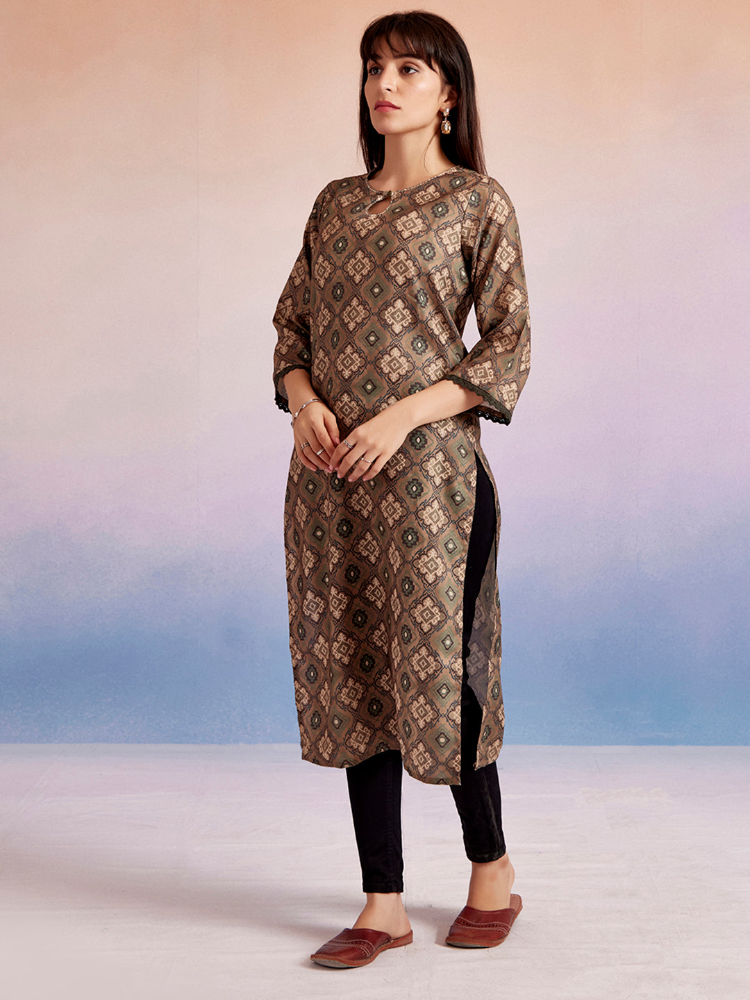 Olive Green Moroccan Printed Straight Kurta