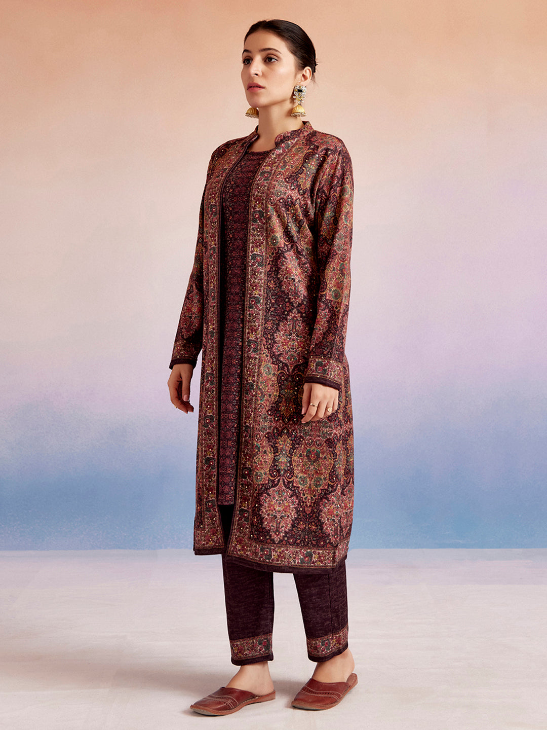 Wine Color Woolen Ethnic Printed Co-ord Set