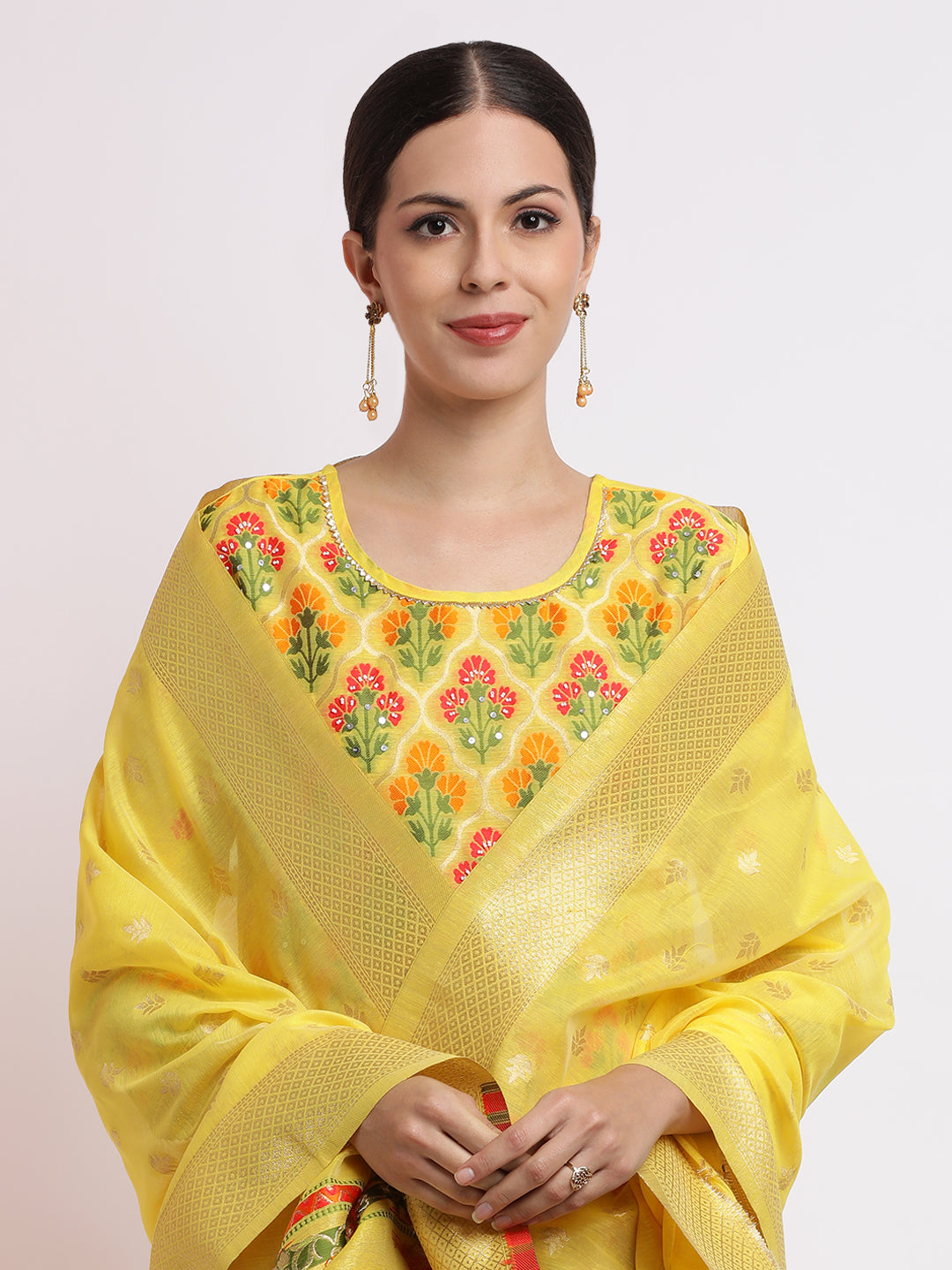 Yellow Woven Design Jacquard Kurta Set With Dupatta