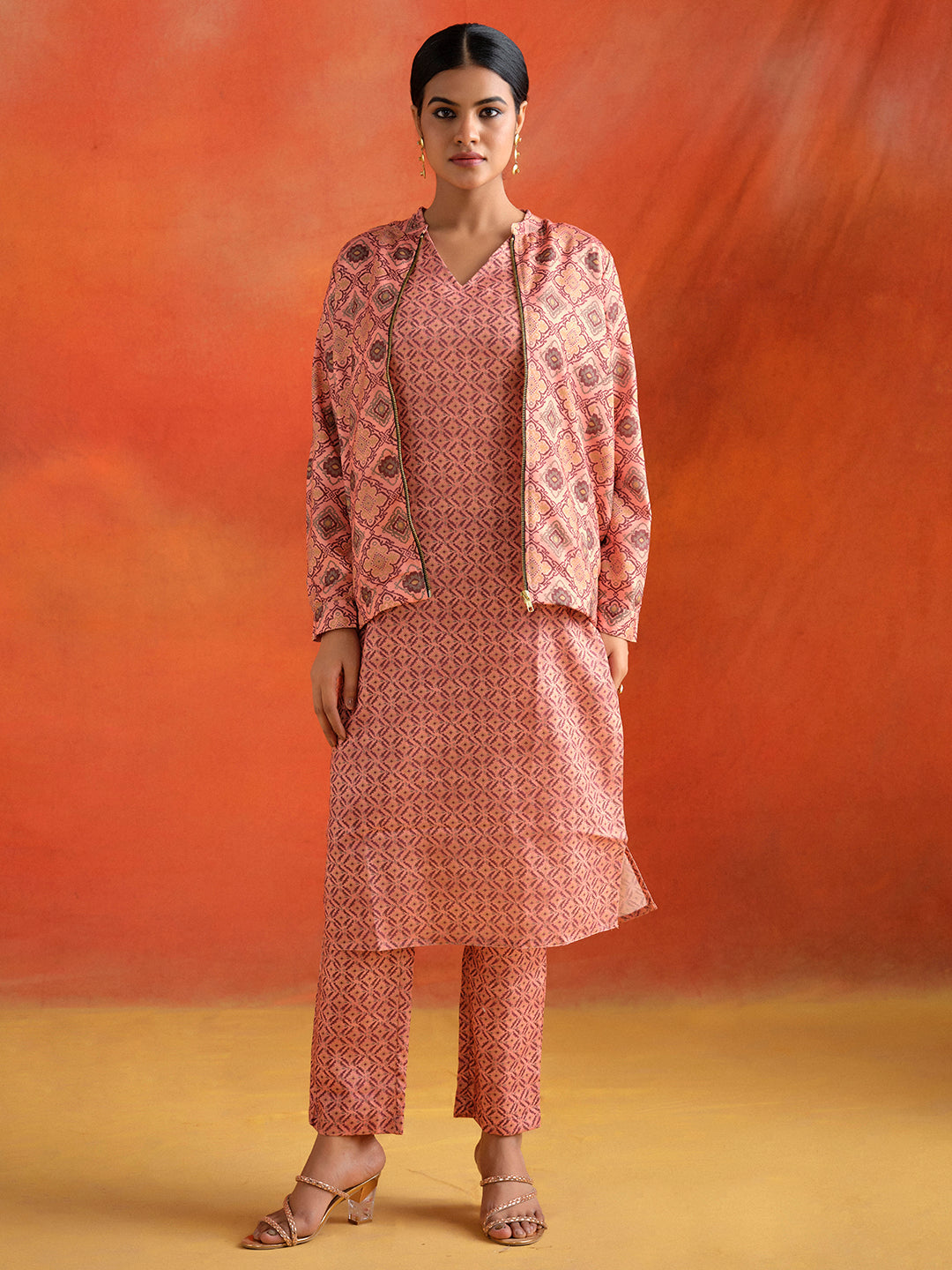 Dusty Peach Geometric Printed Kurta Set With Jacket Co-ord Set