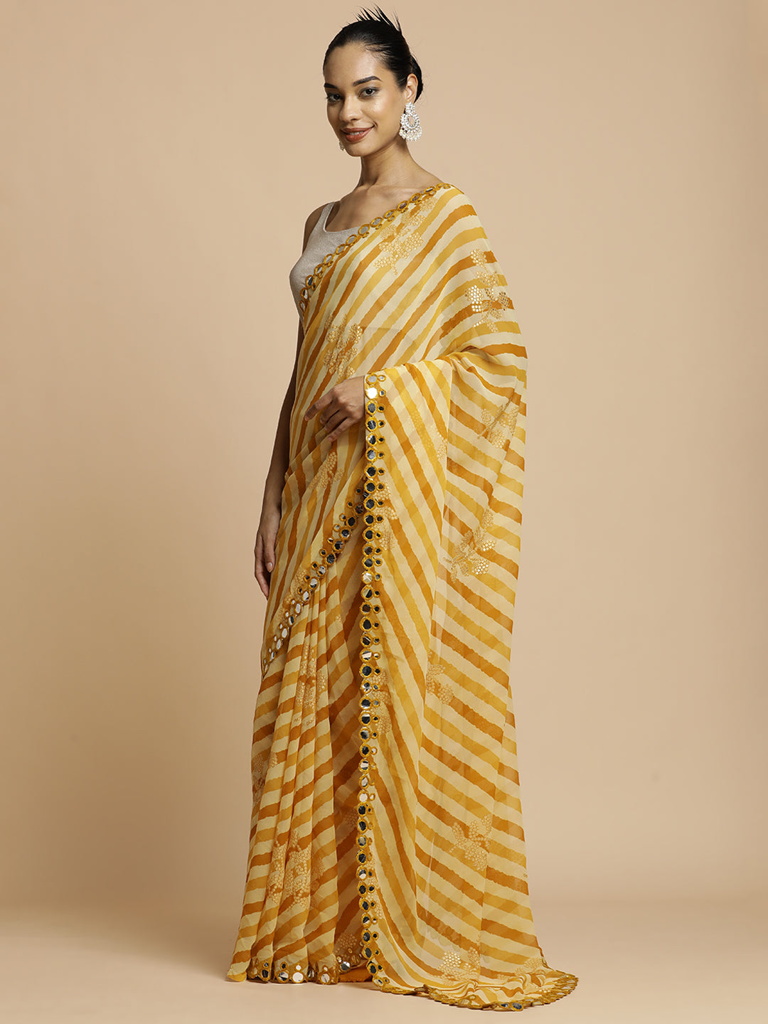 Pure Georgette Leheriya Mirror Work Yellow Saree