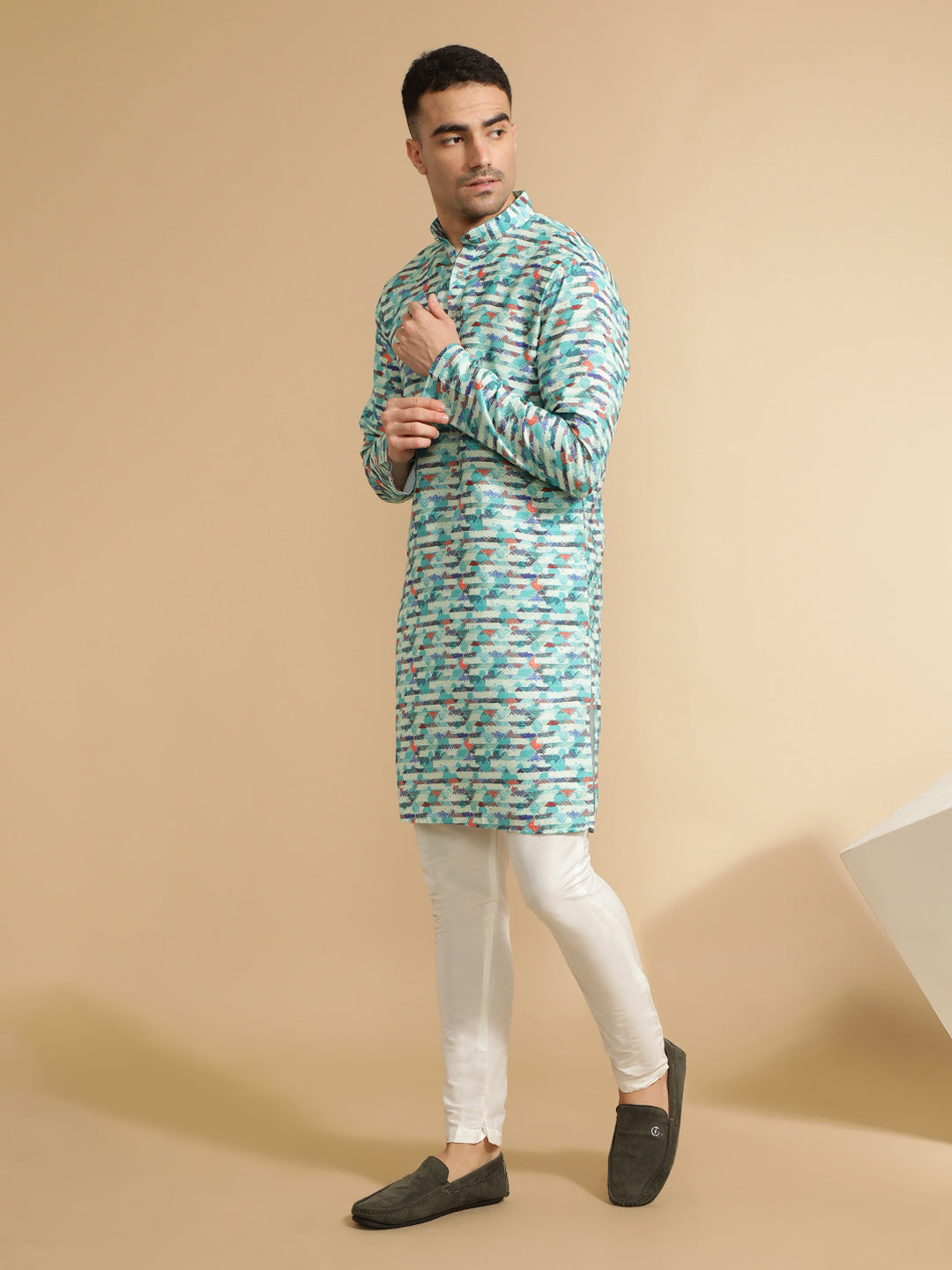 Sea Green Abstract Printed Cotton Kurta for Men