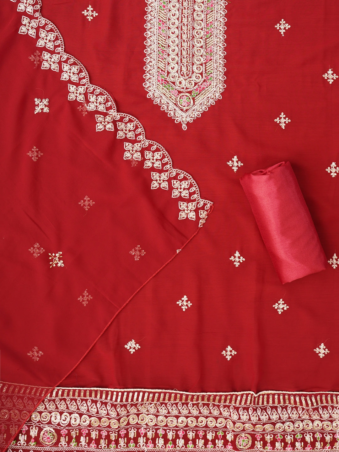 Maroon Zari Embroidered Silk Georgette Dress Material with Dupatta