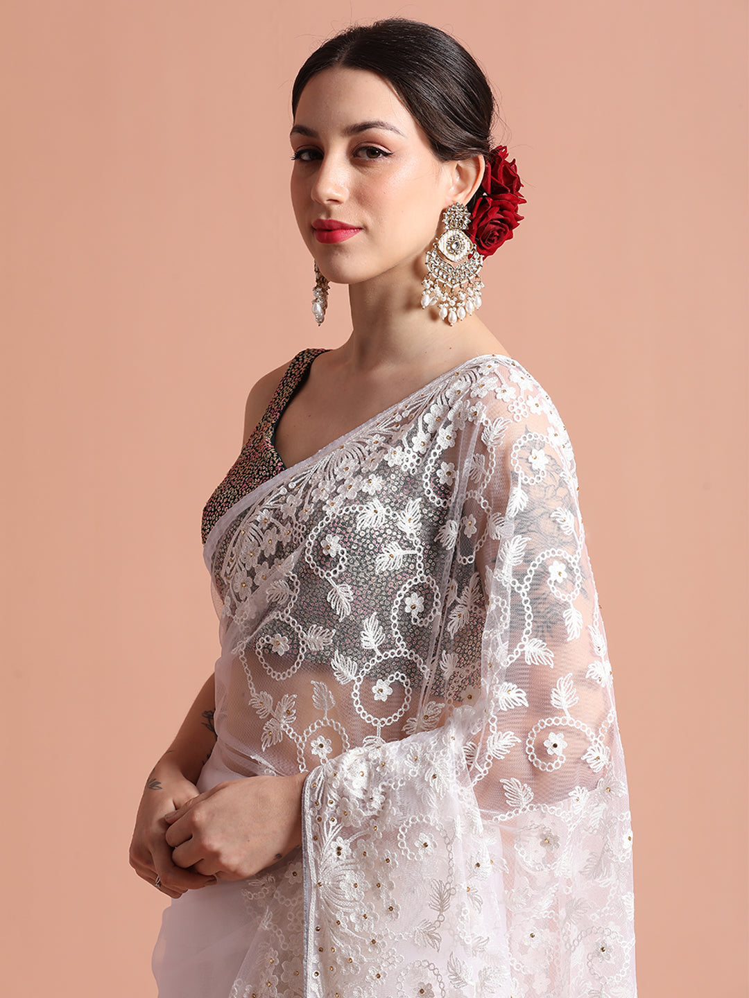 Cream Party Wear Floral Embroidered Net Saree