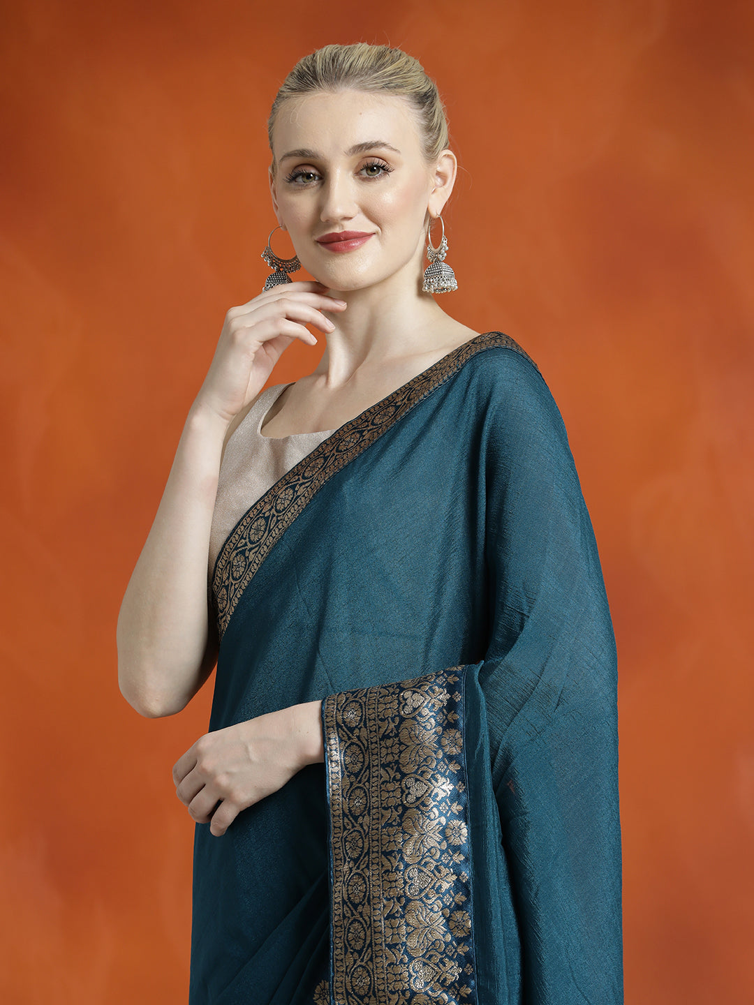 Teal Silk Blend Zari Woven Party Wear Saree