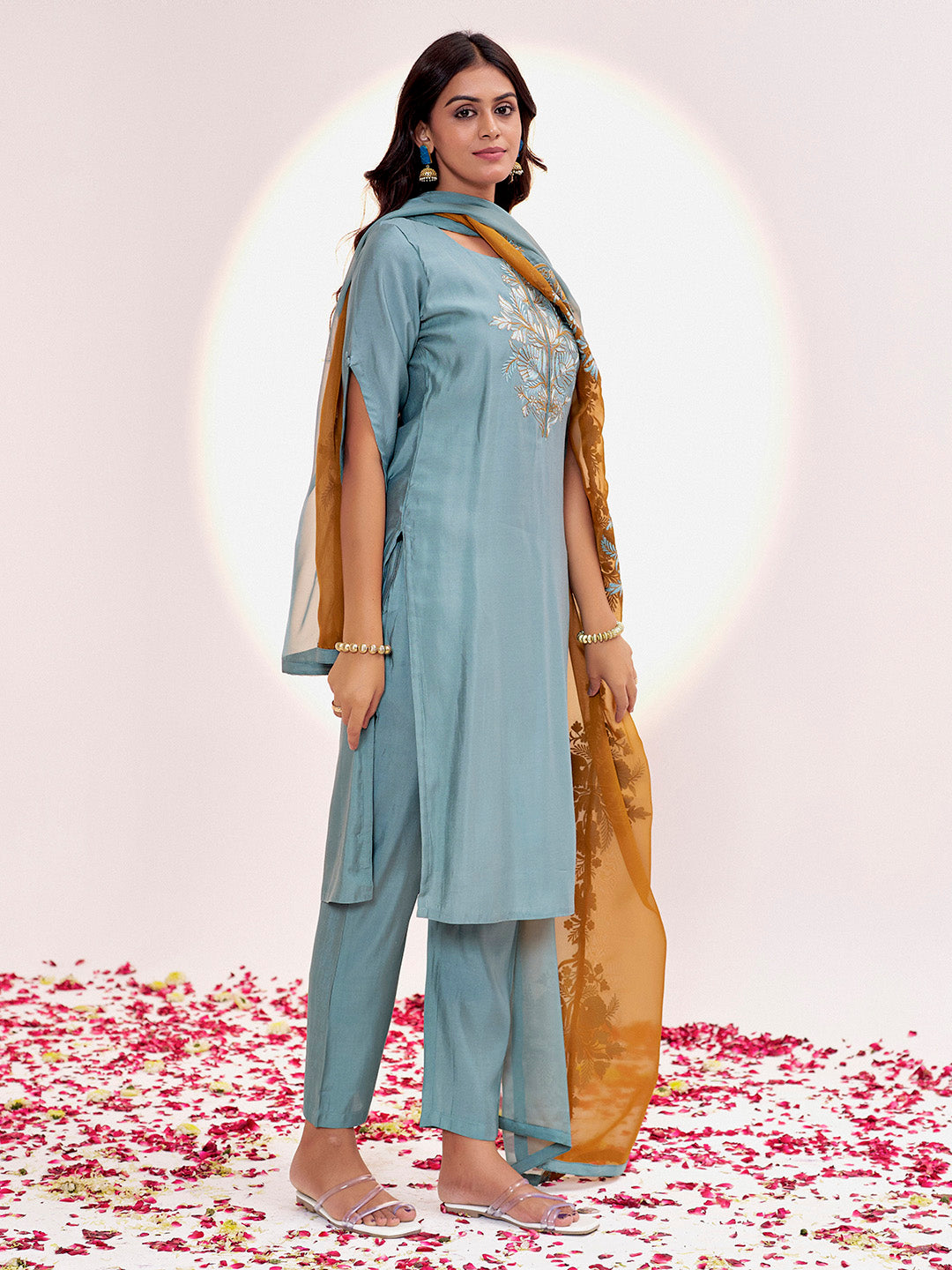 Sea Blue Resham Embroidered Festive Kurta Set With Dupatta