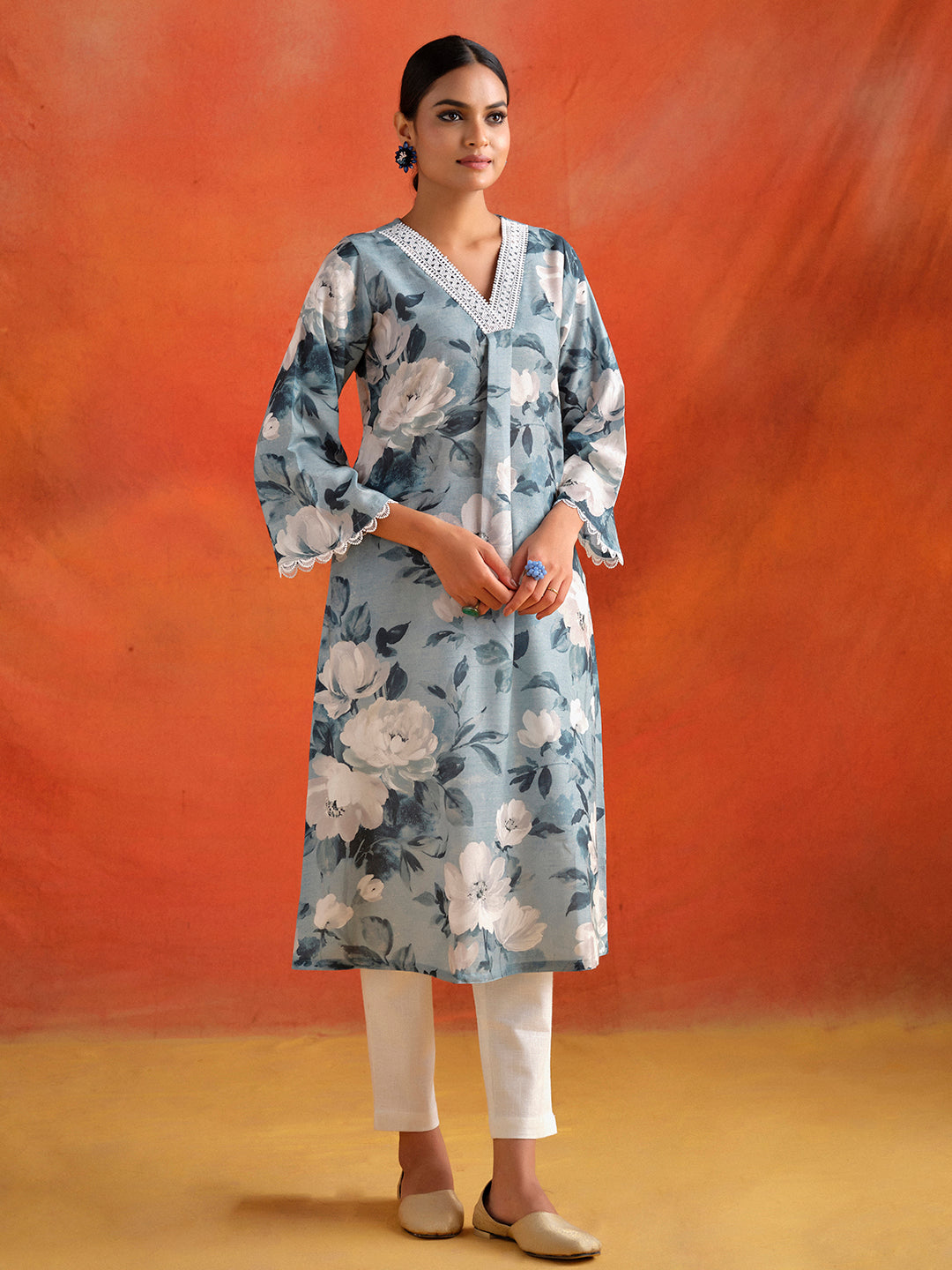 Grey Floral Printed A-line Kurta