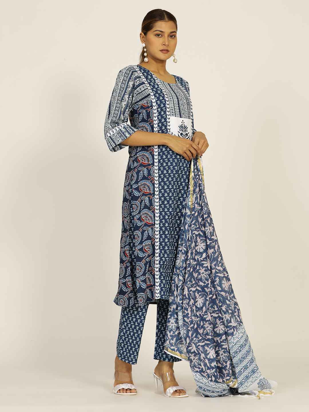 Indigo Blue Embroidered Cotton Straight Kurta