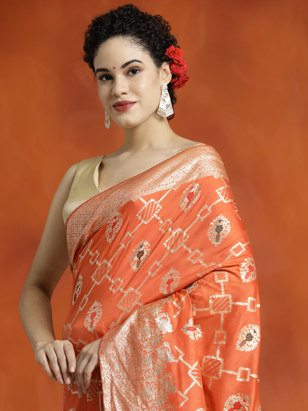 Heavy Banarasi Zari Woven Silk Blend Orange Saree