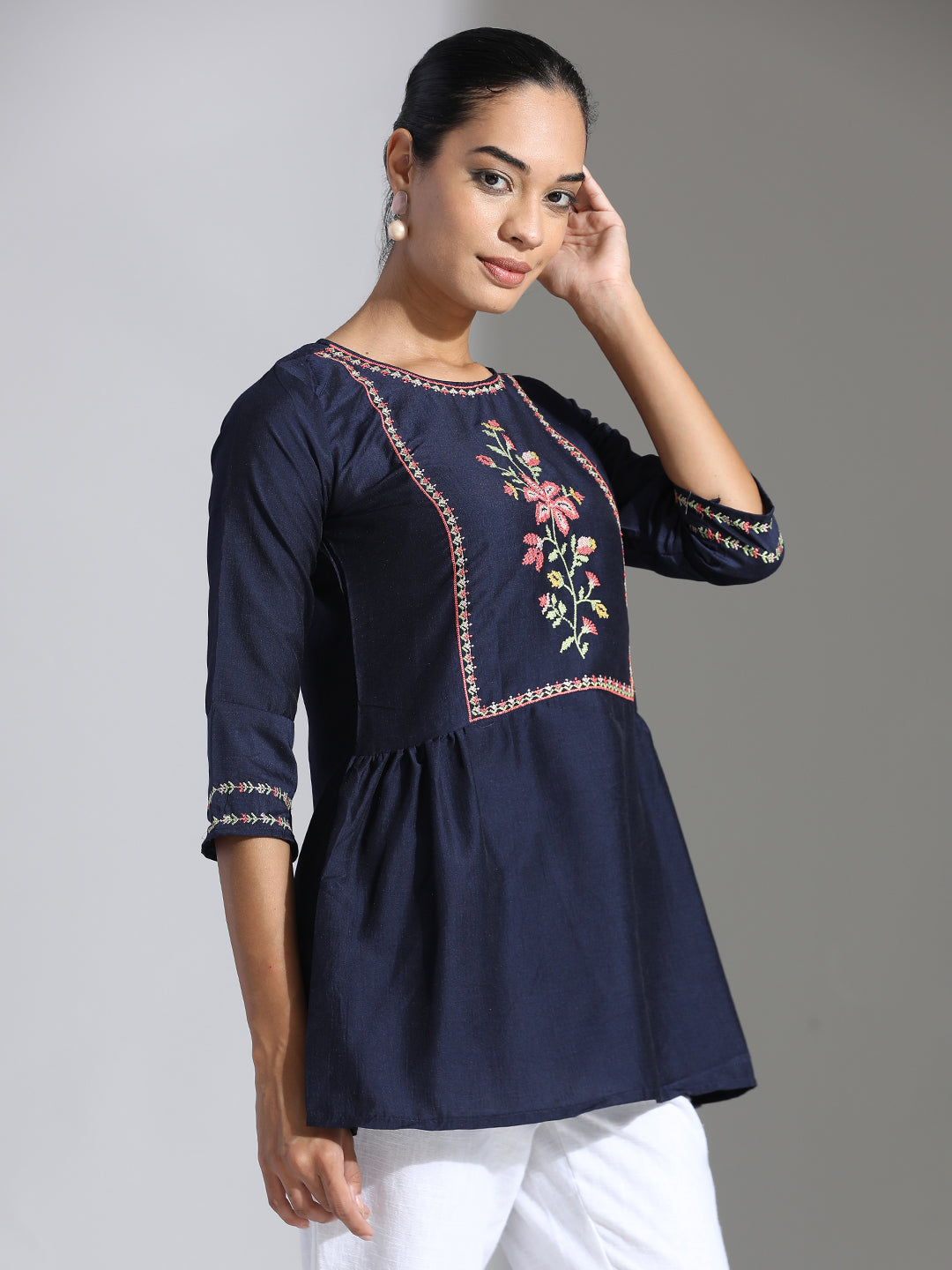 Navy Blue Embroidered Party Wear Peplum Top