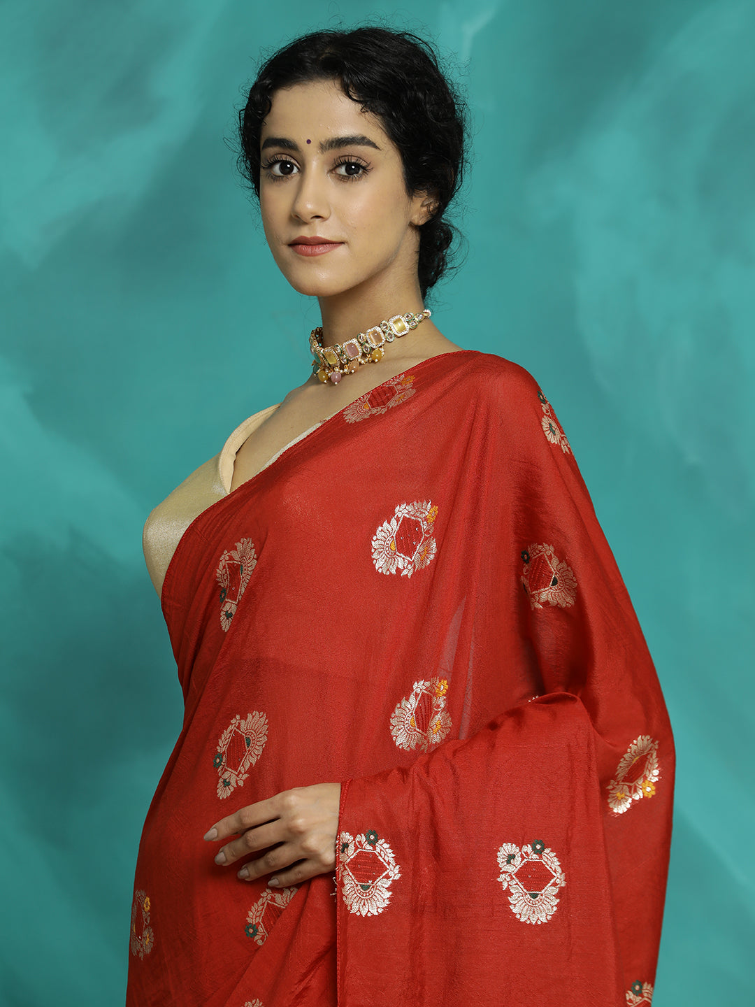 Red Silk Blend Party Wear Banarasi Saree