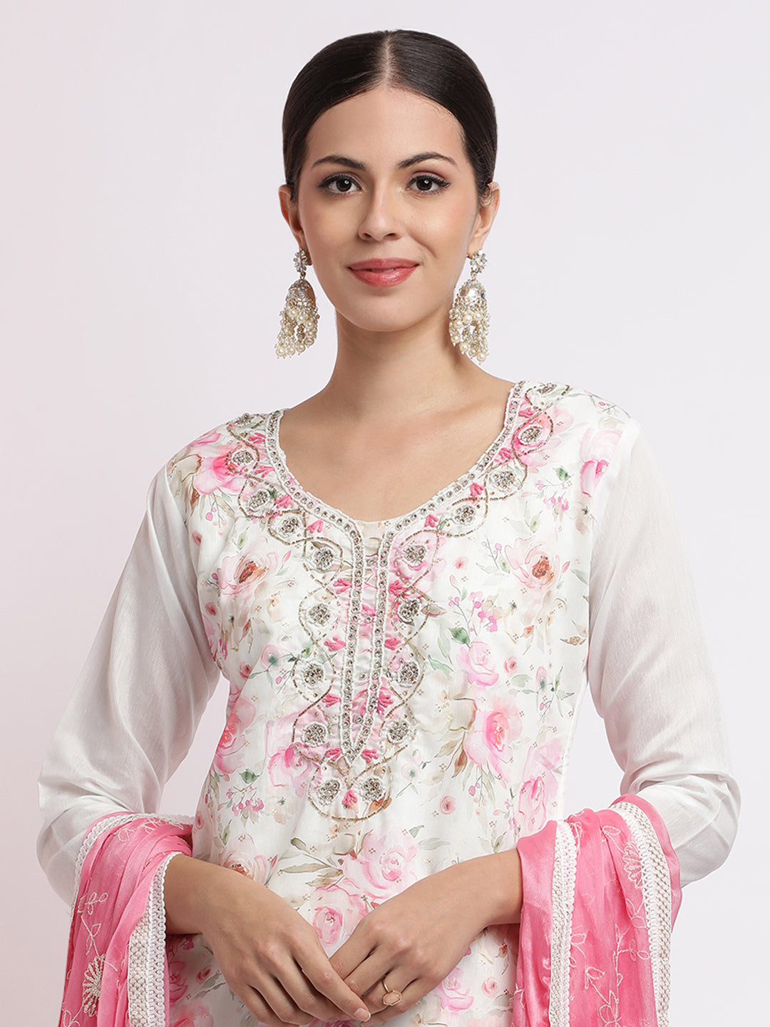 Embroidered Cotton Blend Kurta Set With Dupatta