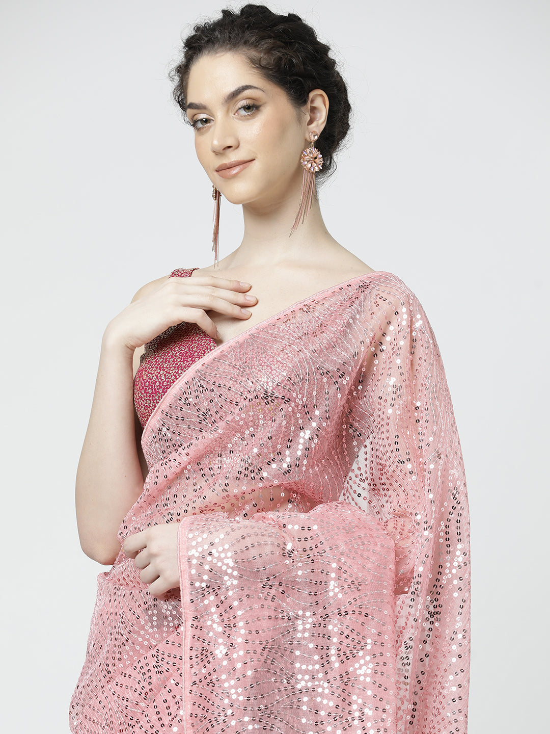 Pink Sequin Embellished Georgette Saree