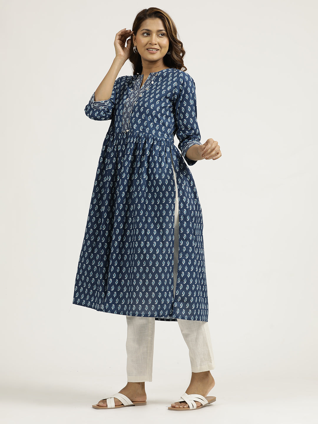 Ethnic Printed Indigo Gathered Cotton Kurta