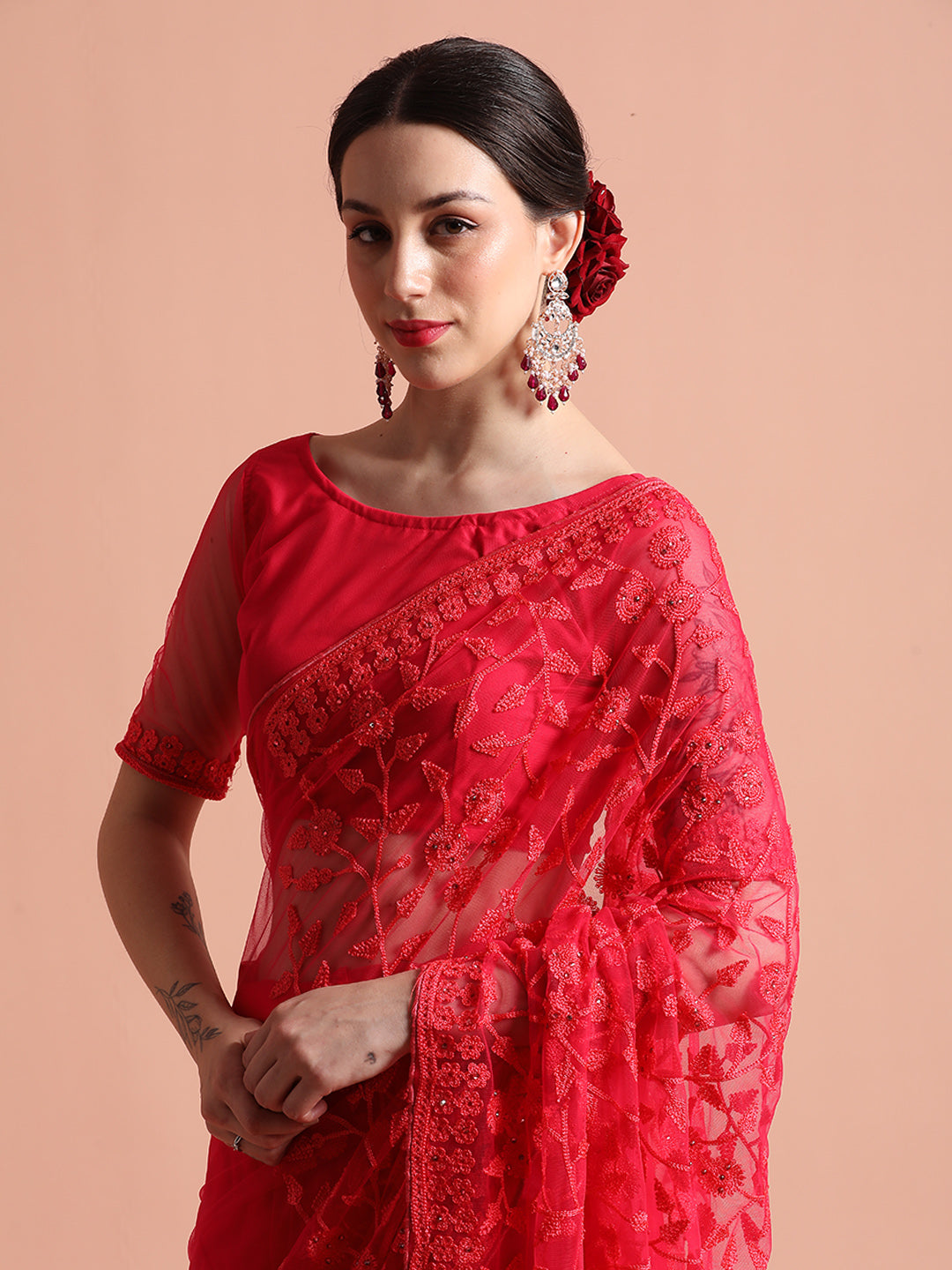 Pink Party Wear Floral Embroidered Net Saree