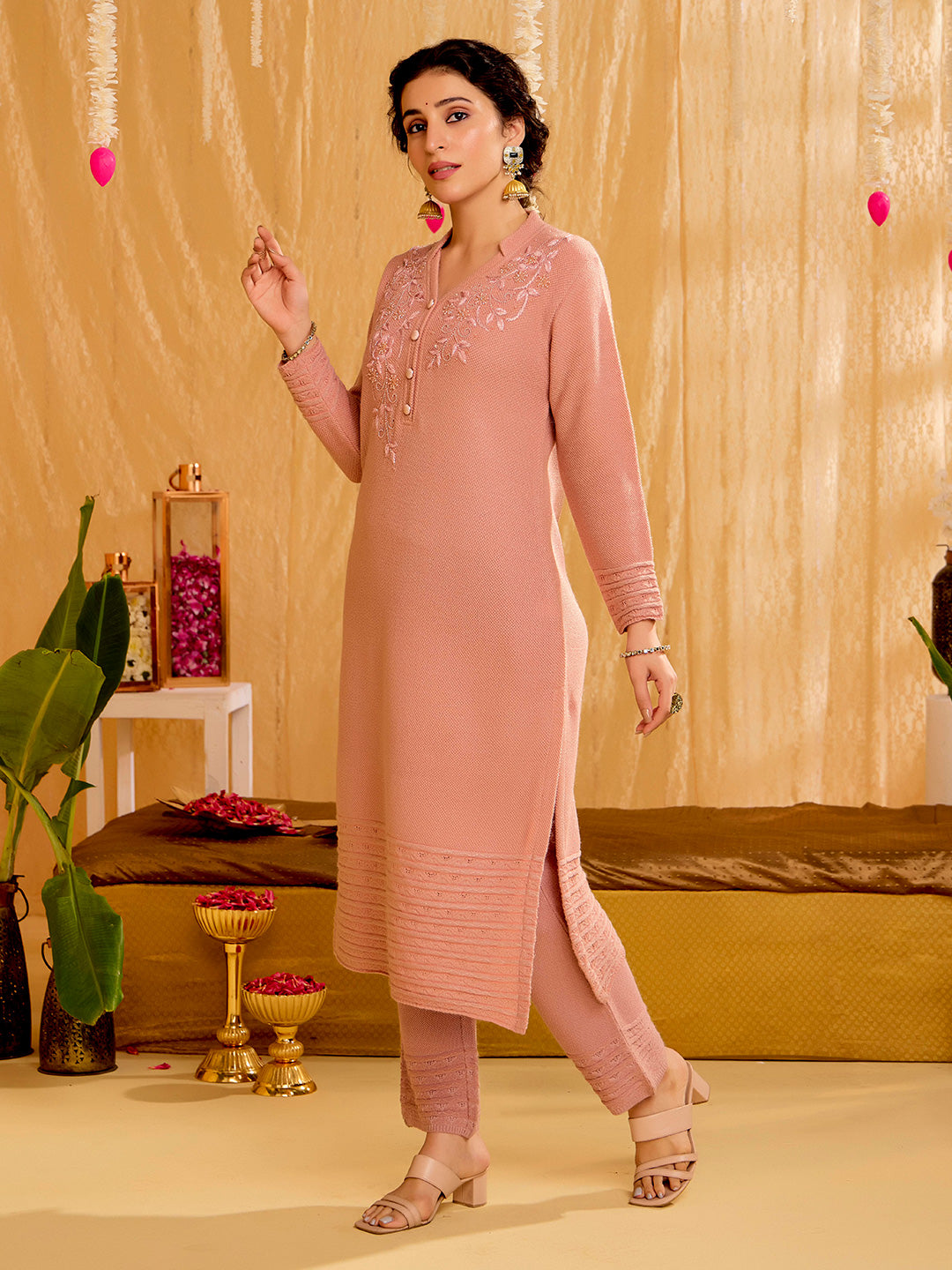 Pink Self Woven Embellished Woolen Kurta Set