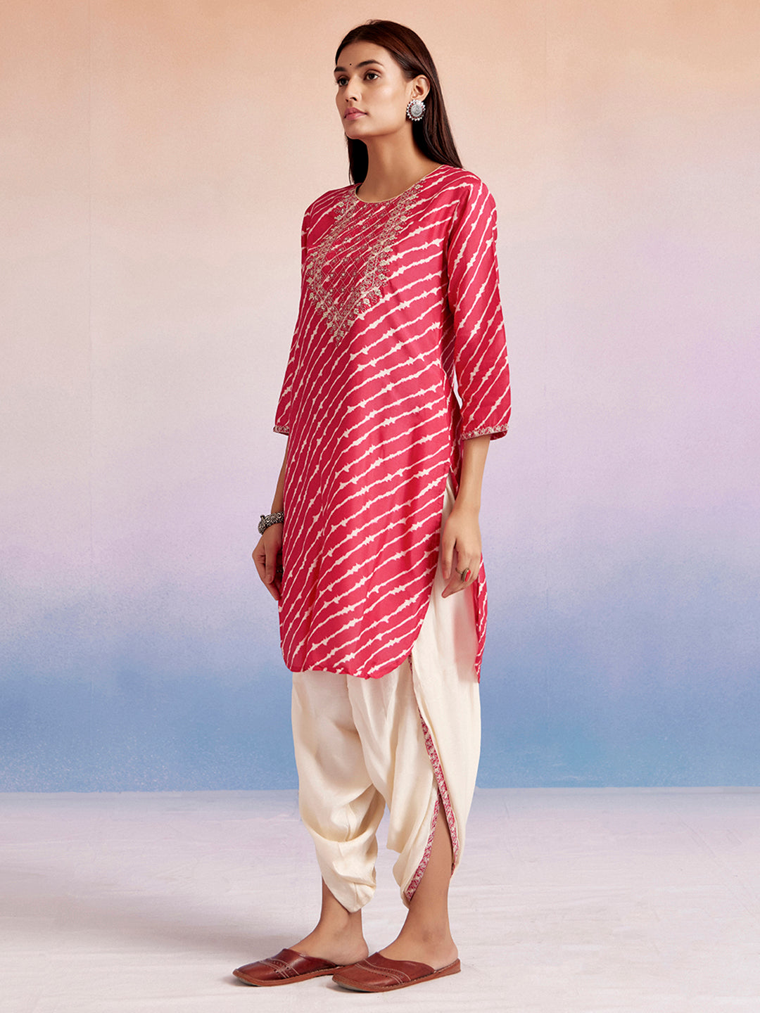 Embroidered Leheriya Fuchsia Kurta With Dhoti