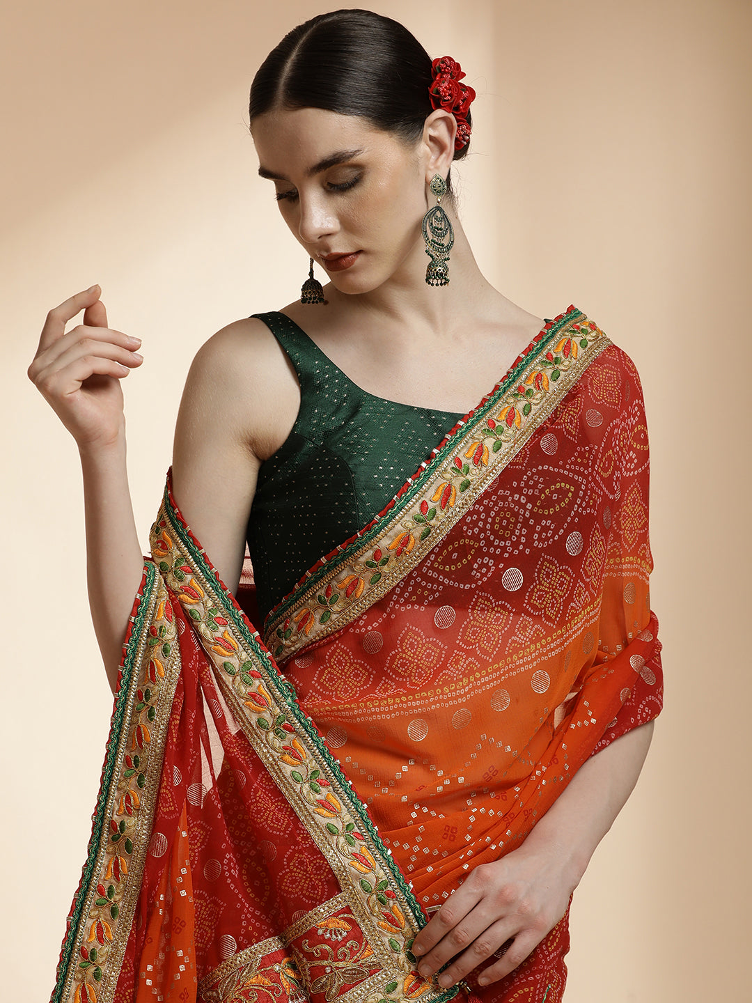 Red Traditional Bandhani Embroidered Pure Georgette Saree