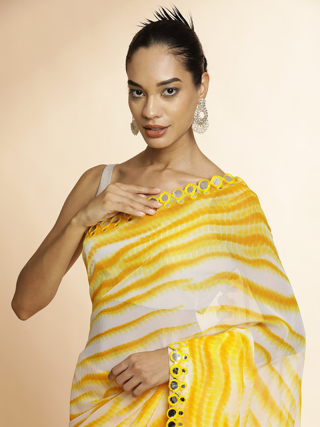 Yellow Pure Georgette Leheriya Mirror Work Saree