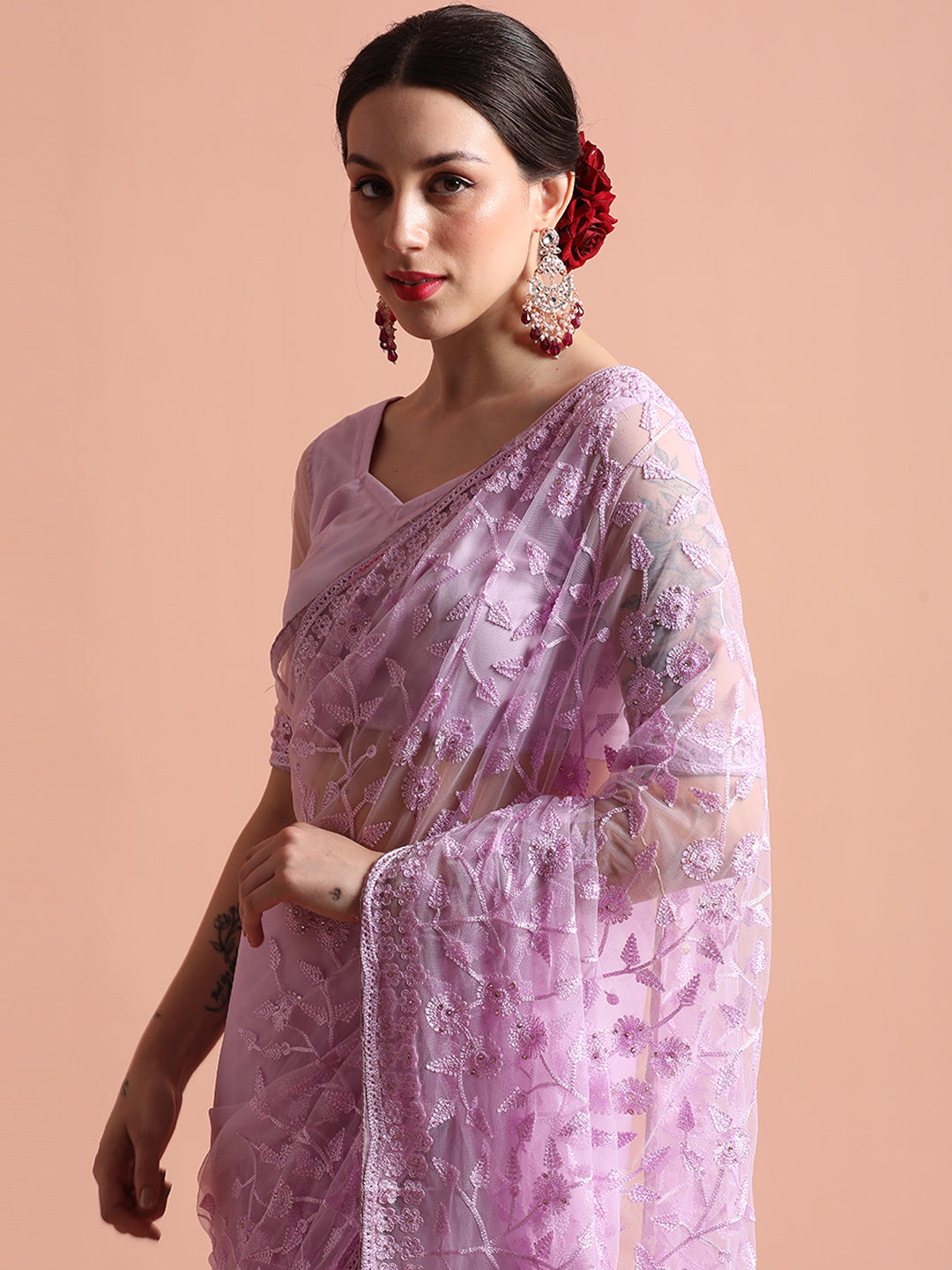 Party Wear Floral Lavender Embroidered Net Saree