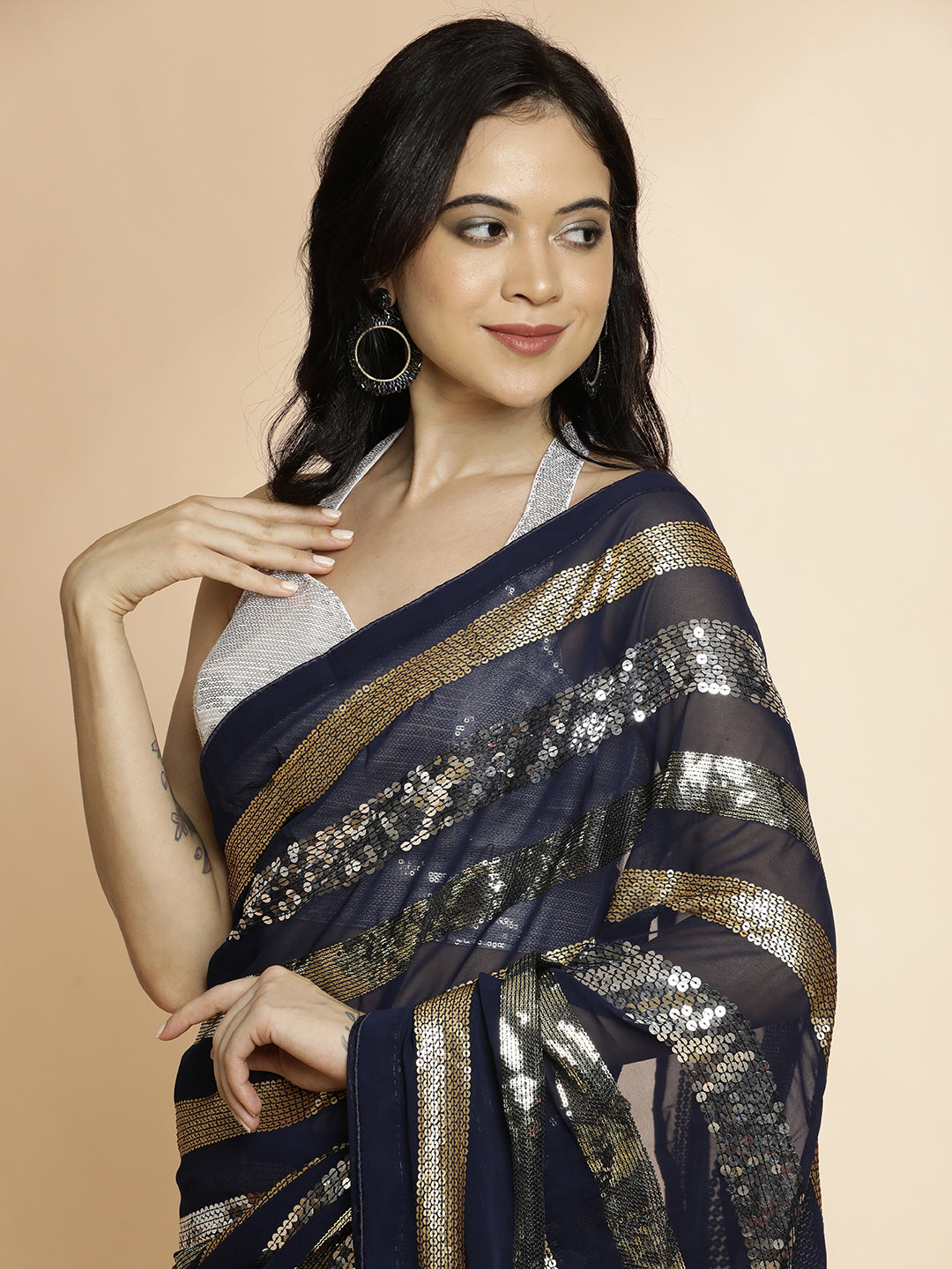 Blue Embellished Pure Georgette Party Wear Saree