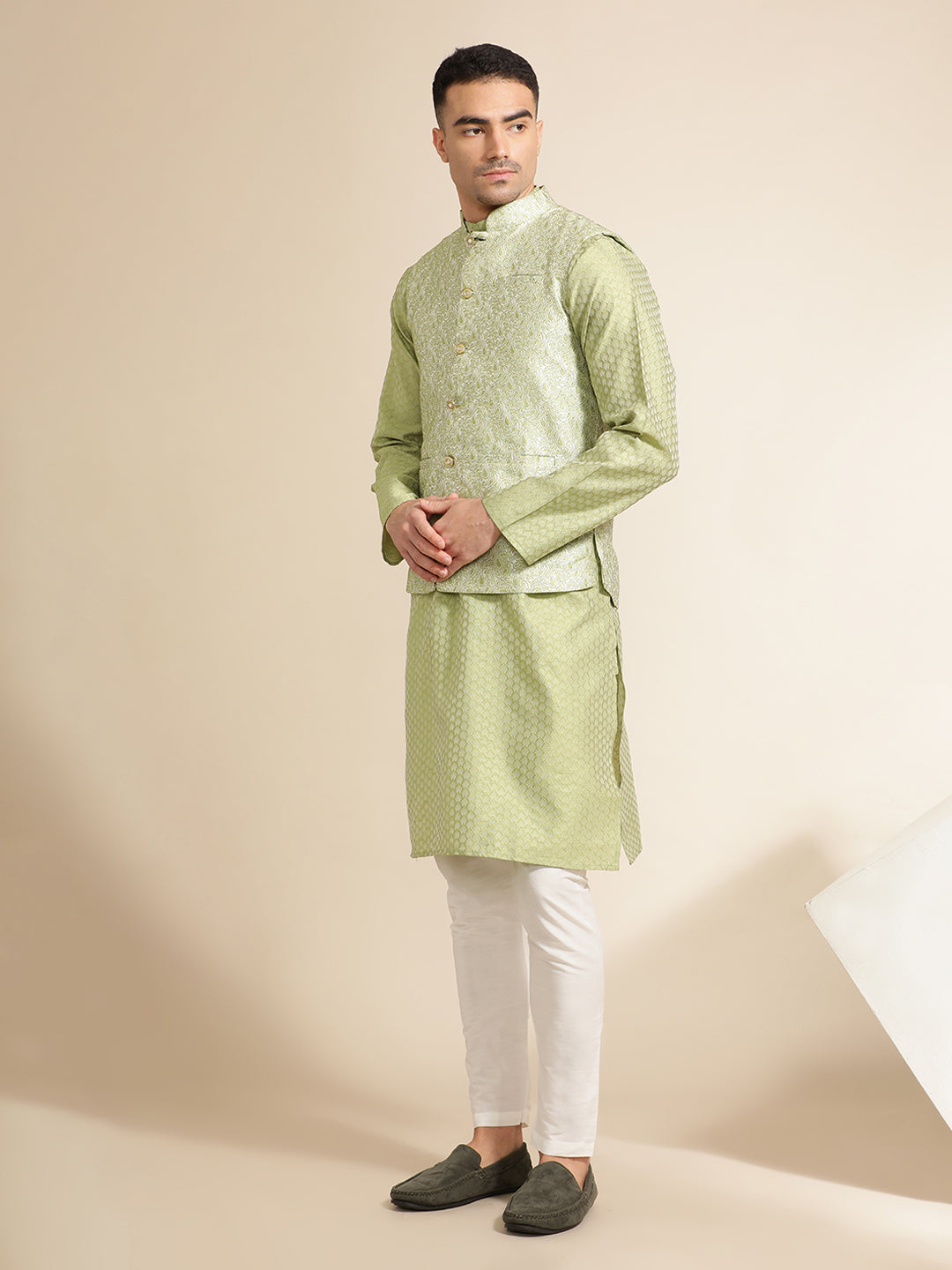 Mehandi Green Festive Kurta With Printed Nehru Jacket Set