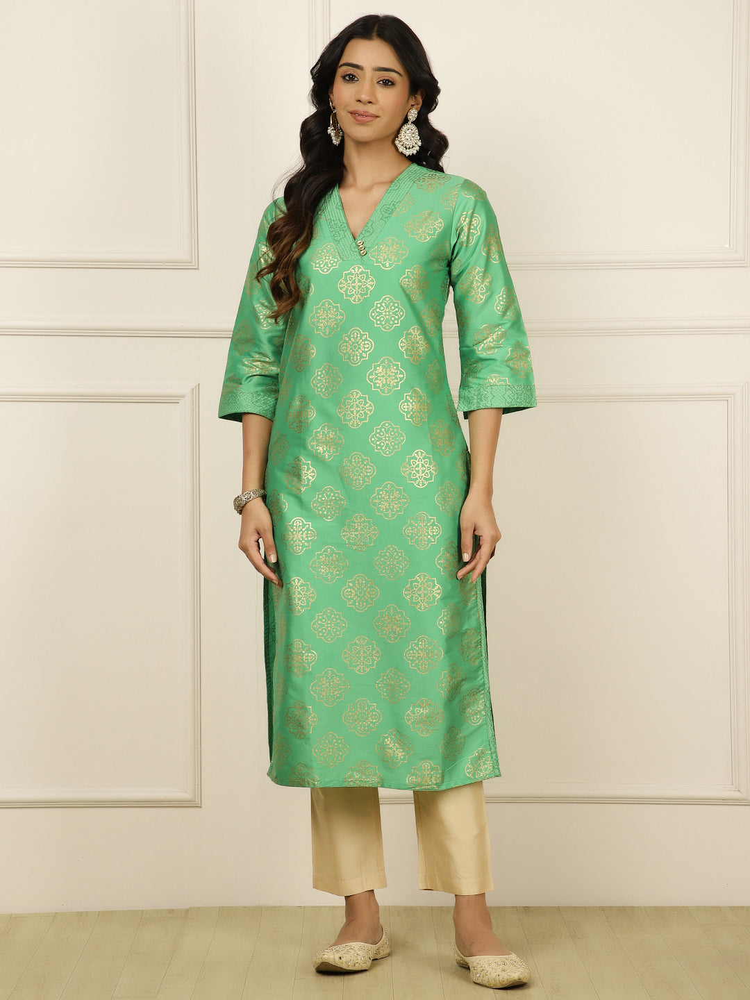 Green Ethnic Printed Straight Kurta