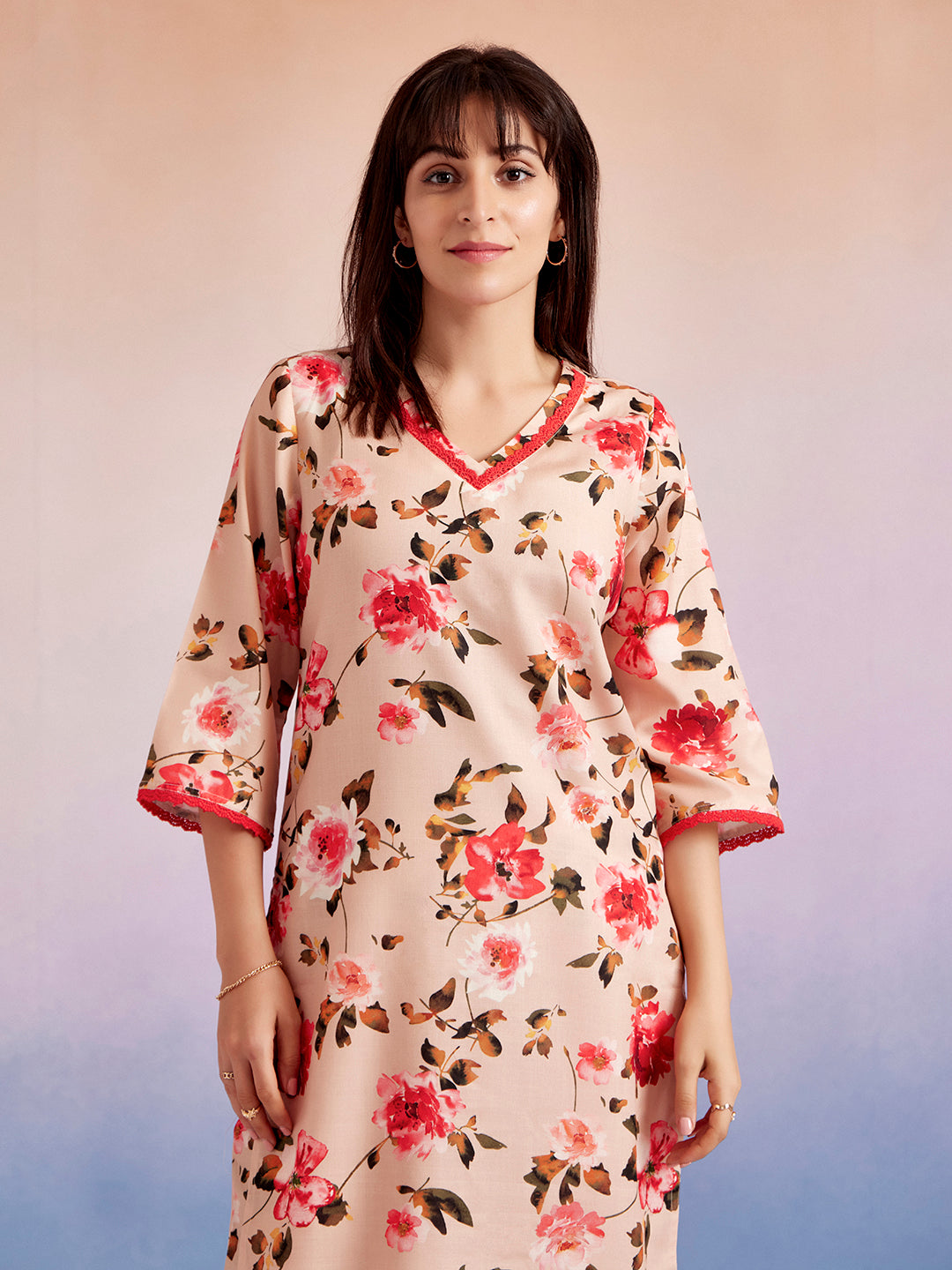 Peach Floral Printed Straight Kurta With Pants