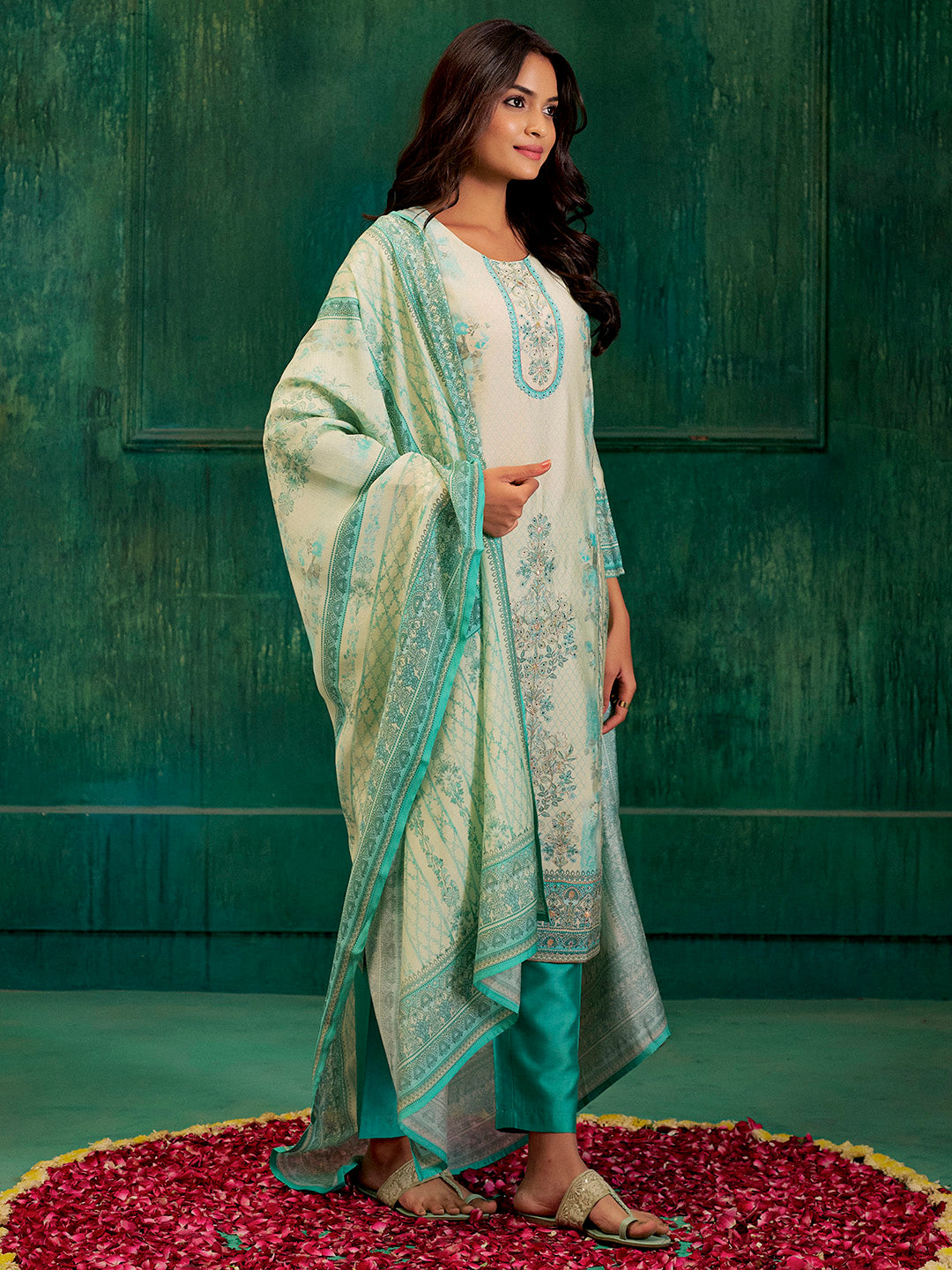 Sea Green Hand Embroidered Printed Kurta Set With Dupatta