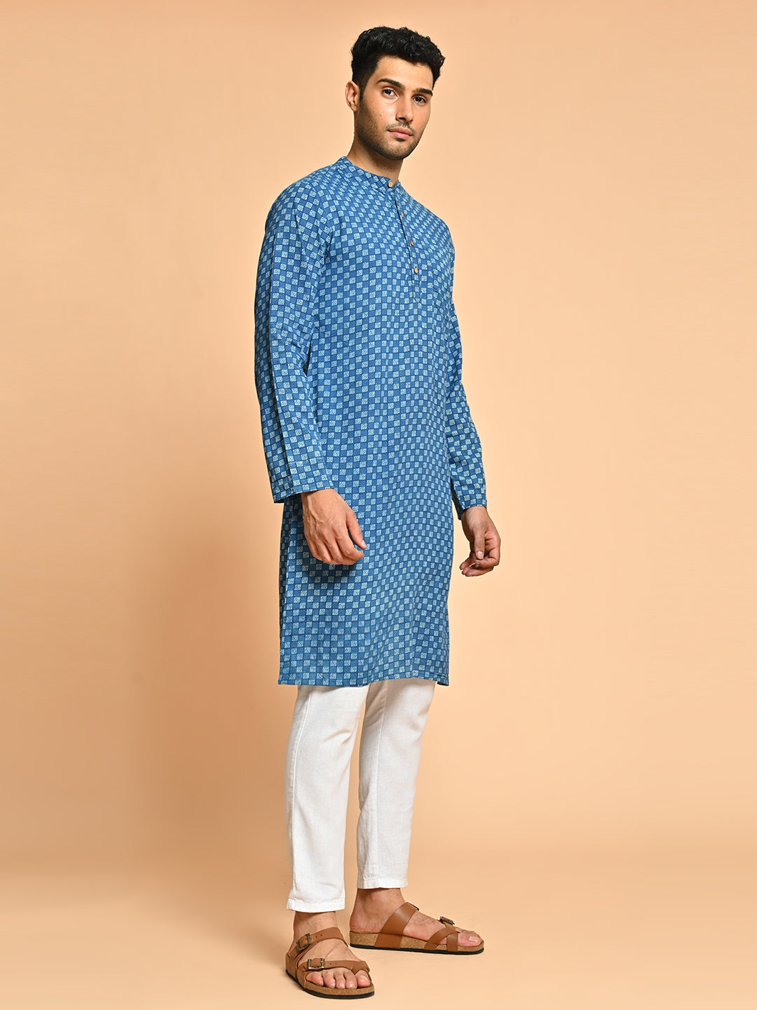 Ethnic Block Printed Cotton Blue Short Kurta