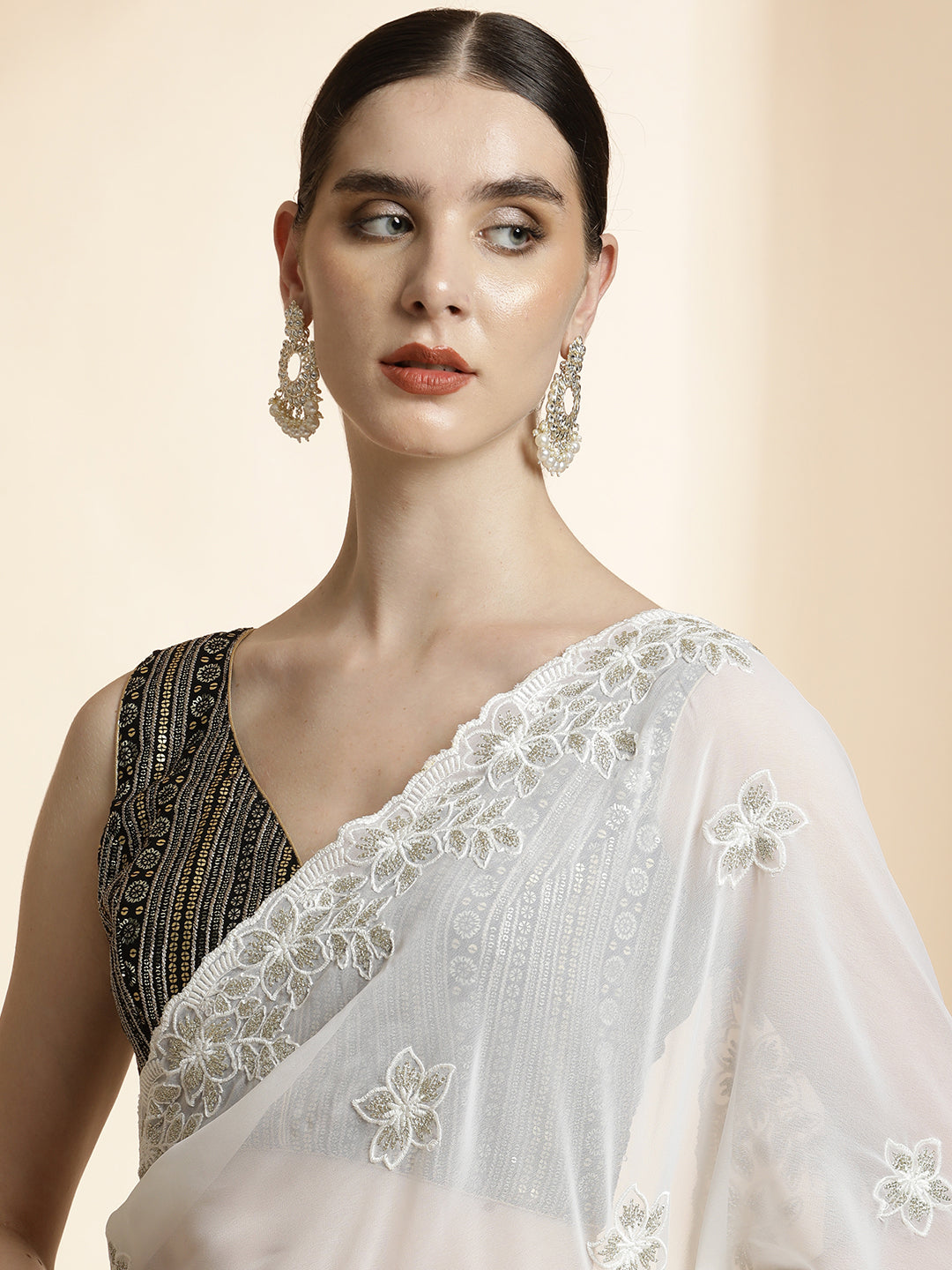 Party Wear Embroidered Pure Georgette White Saree