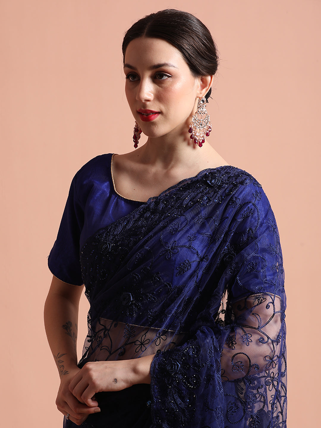 Navy Blue Embroidered Net Party Wear Saree