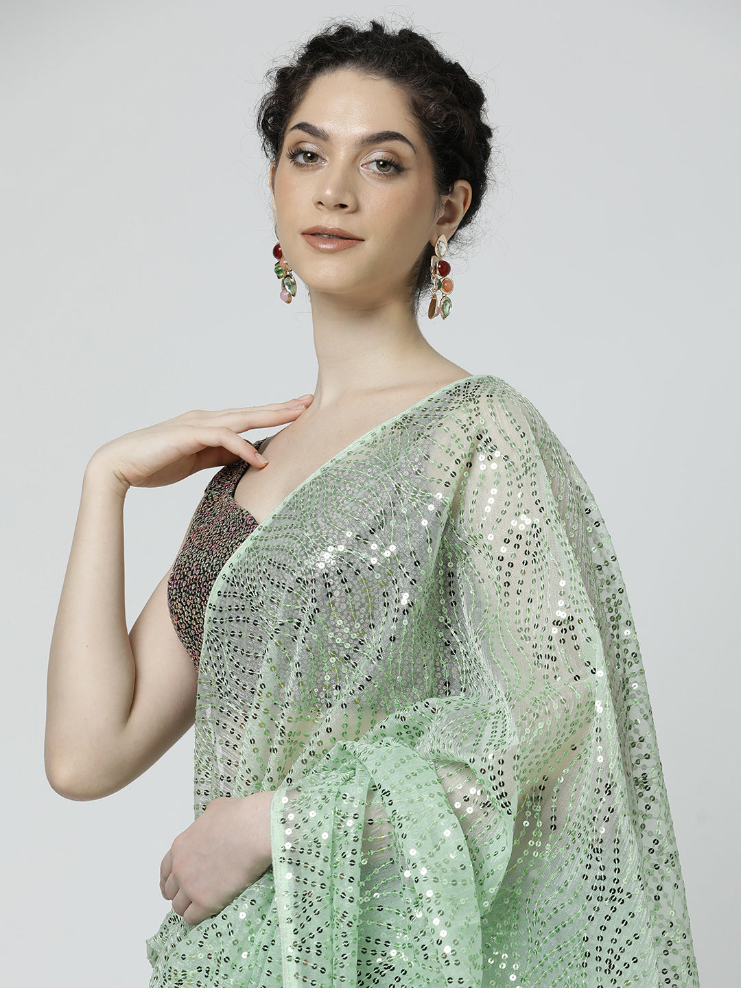 Light Green Sequin Embellished Georgette Saree