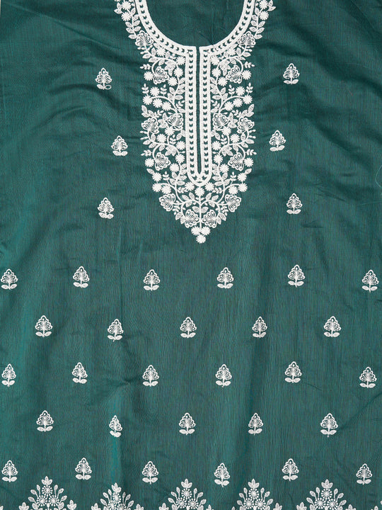 Unstitched Green Embroidered Cotton Blend Dress Material With Dupatta