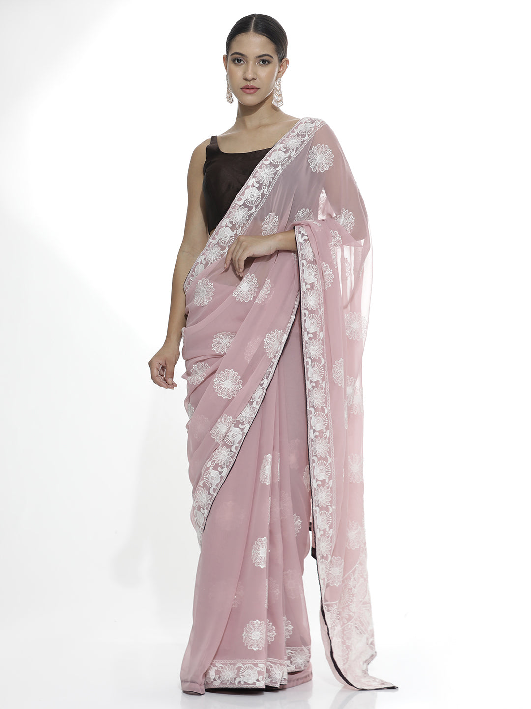 Traditional Pink Embroidered Pure Georgette Saree