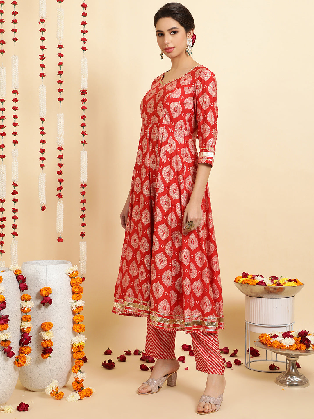 Red Ethnic Motif Printed Anarkali Kurta Set with Dupatta