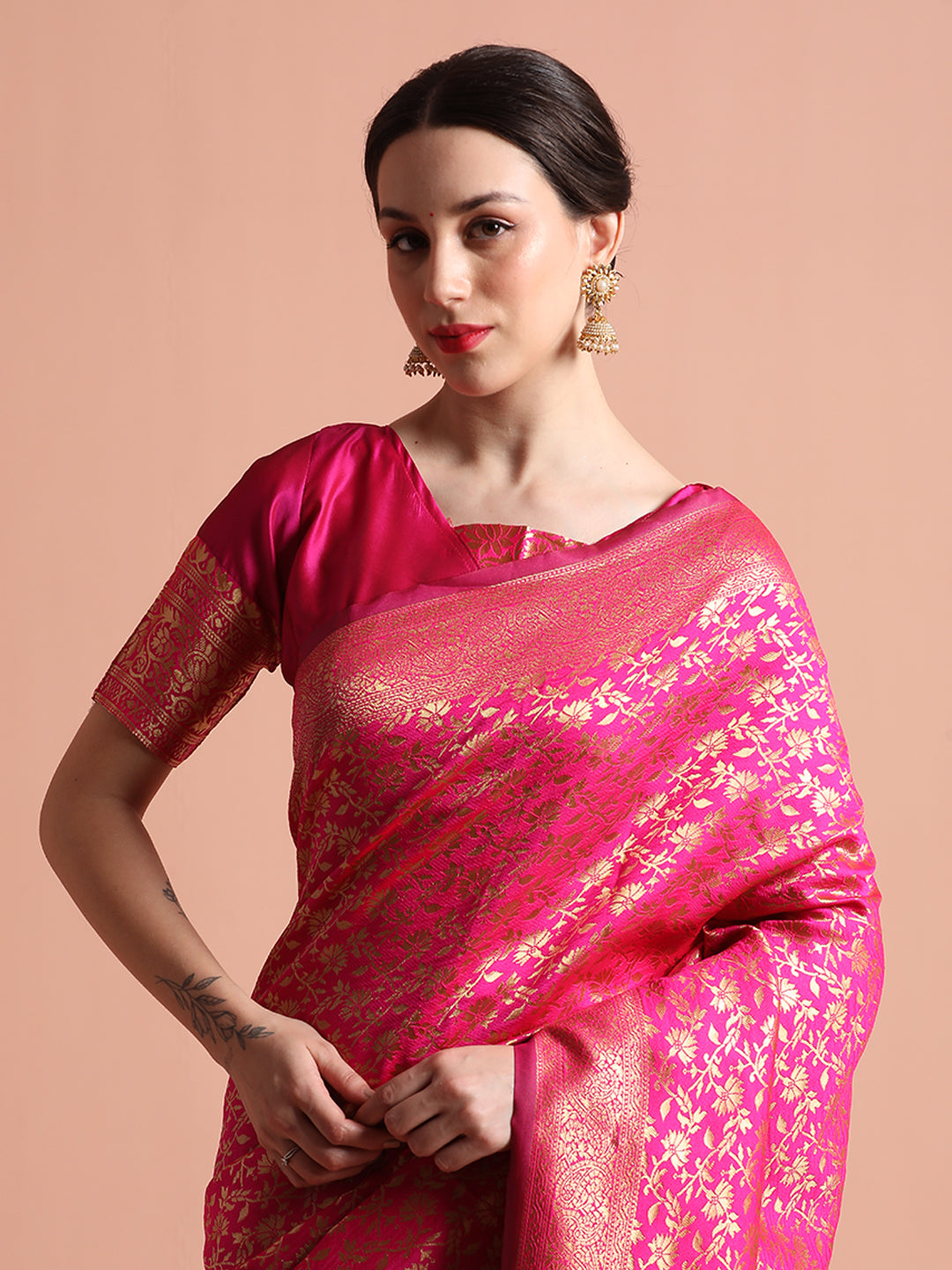 Pink Heavy Banarasi Zari Woven Silk Blend Saree