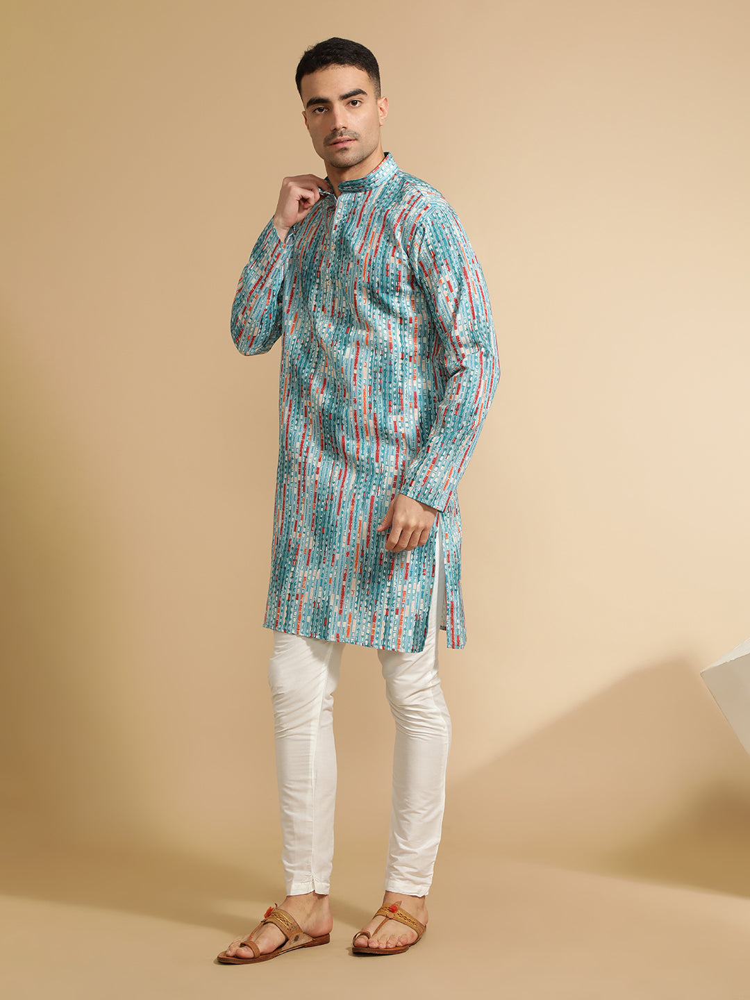 Teal Blue Abstract Printed Cotton Kurta for Men